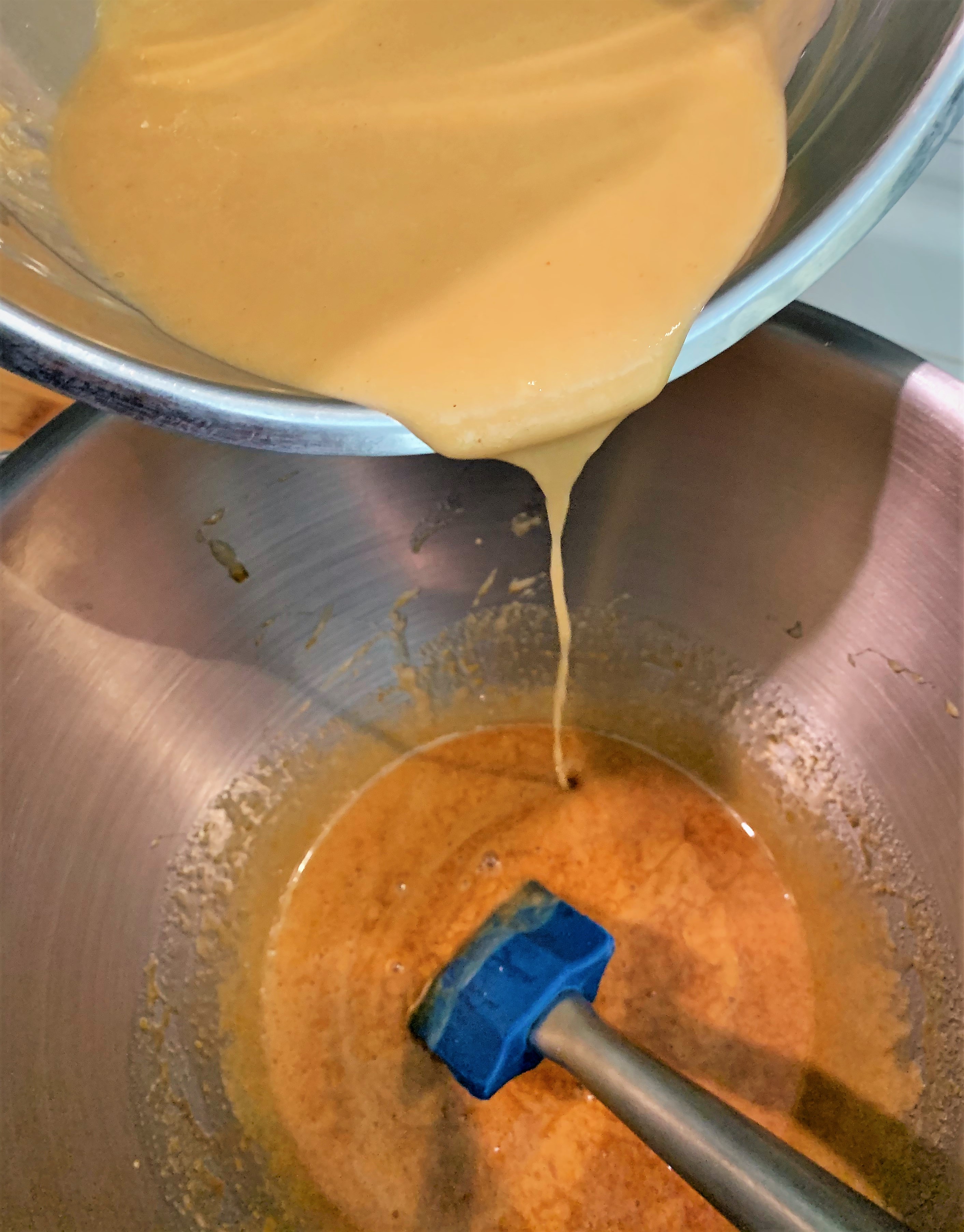 Peanute Butter Blondies - Tempering The Egg Mixture Into The Melted Ingredients - Peanut Butter Blondies