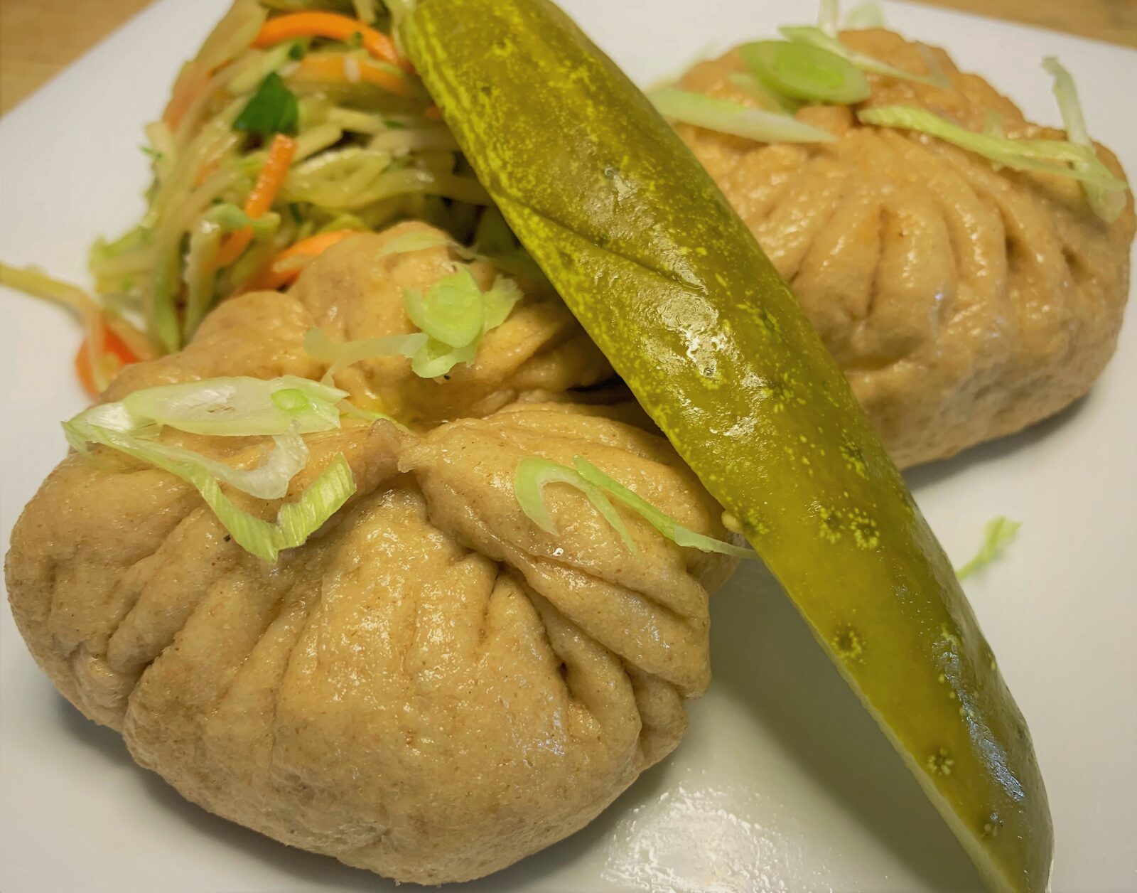 Our Cheesburger Pods with and Asian Broccoli Slaw and Pickle Spear