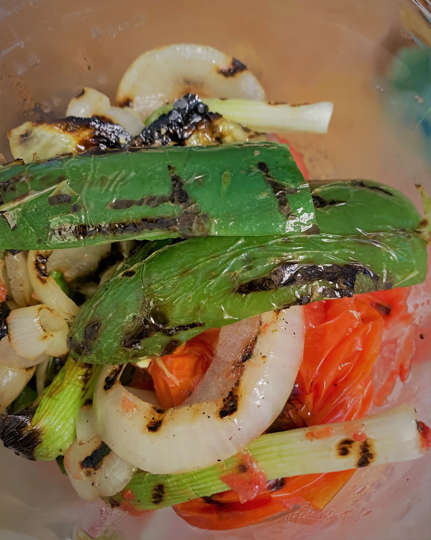 Grilled Vegetables in the blender for our Fire Roasted Tomato Salsa