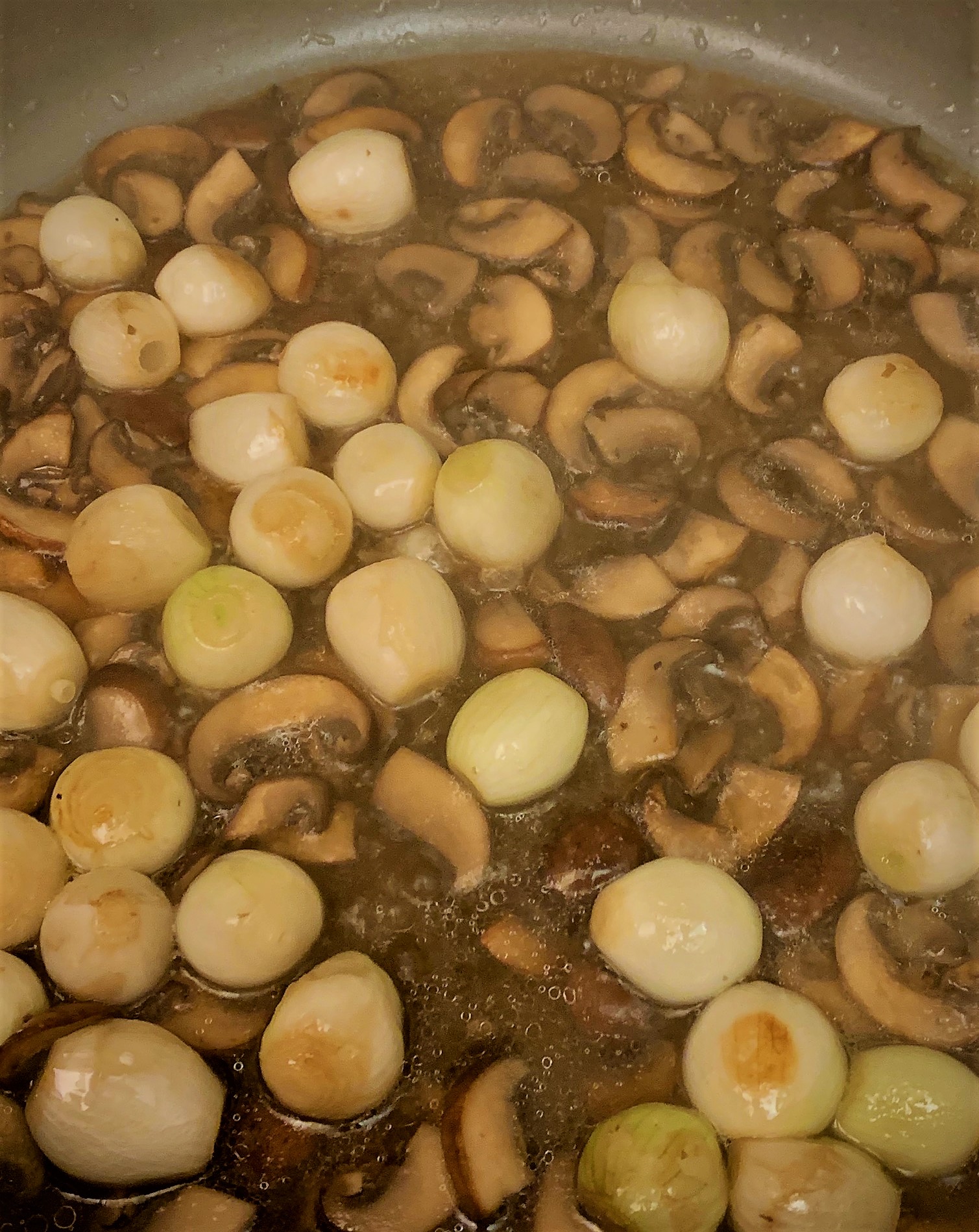 Braising Liquid added to the Mushrooms and Parl Onions