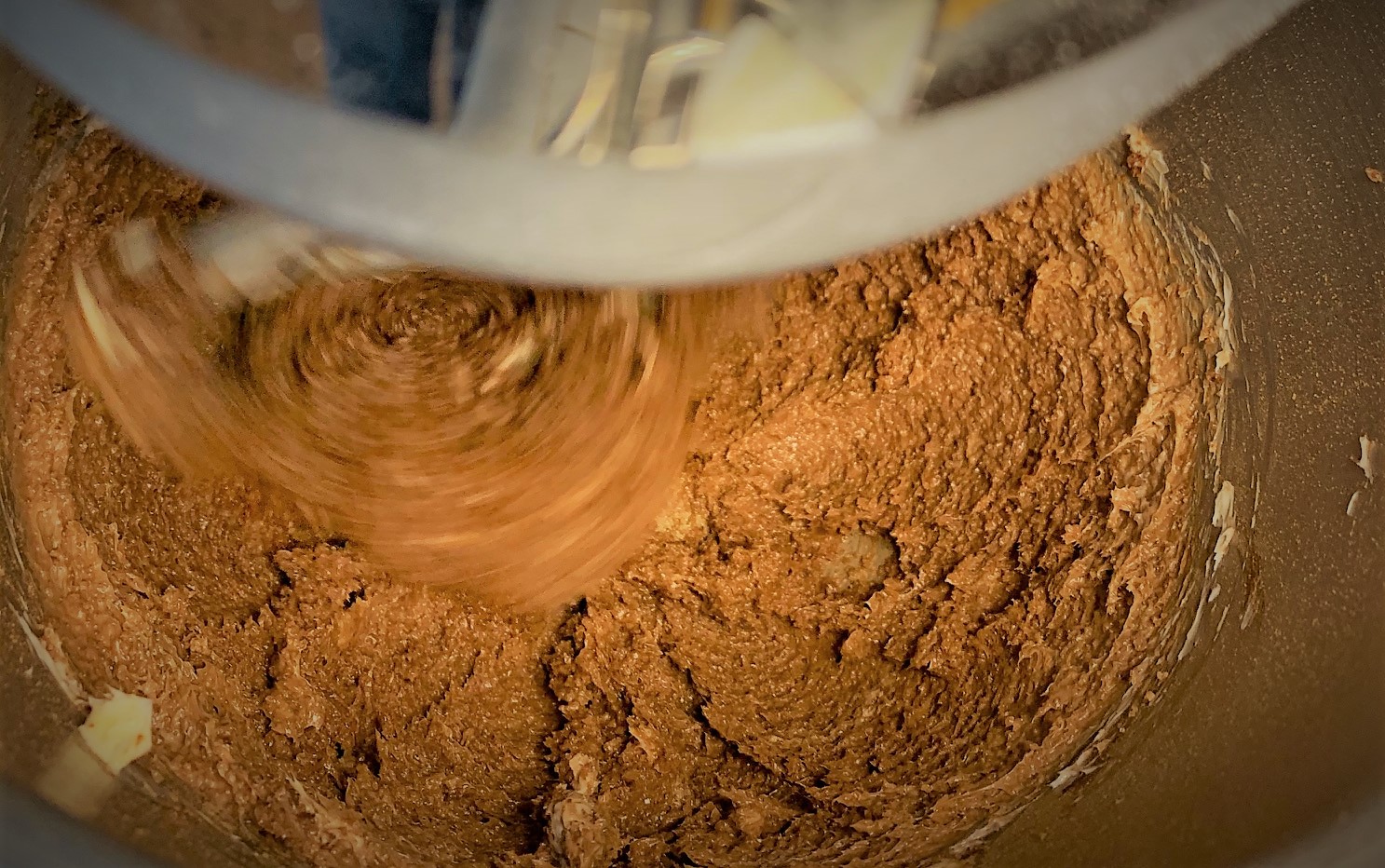 Creaming together the Butter, Sugar and Cocoa for our Double Chocolate Chunk Cookies from Main Street Bakery