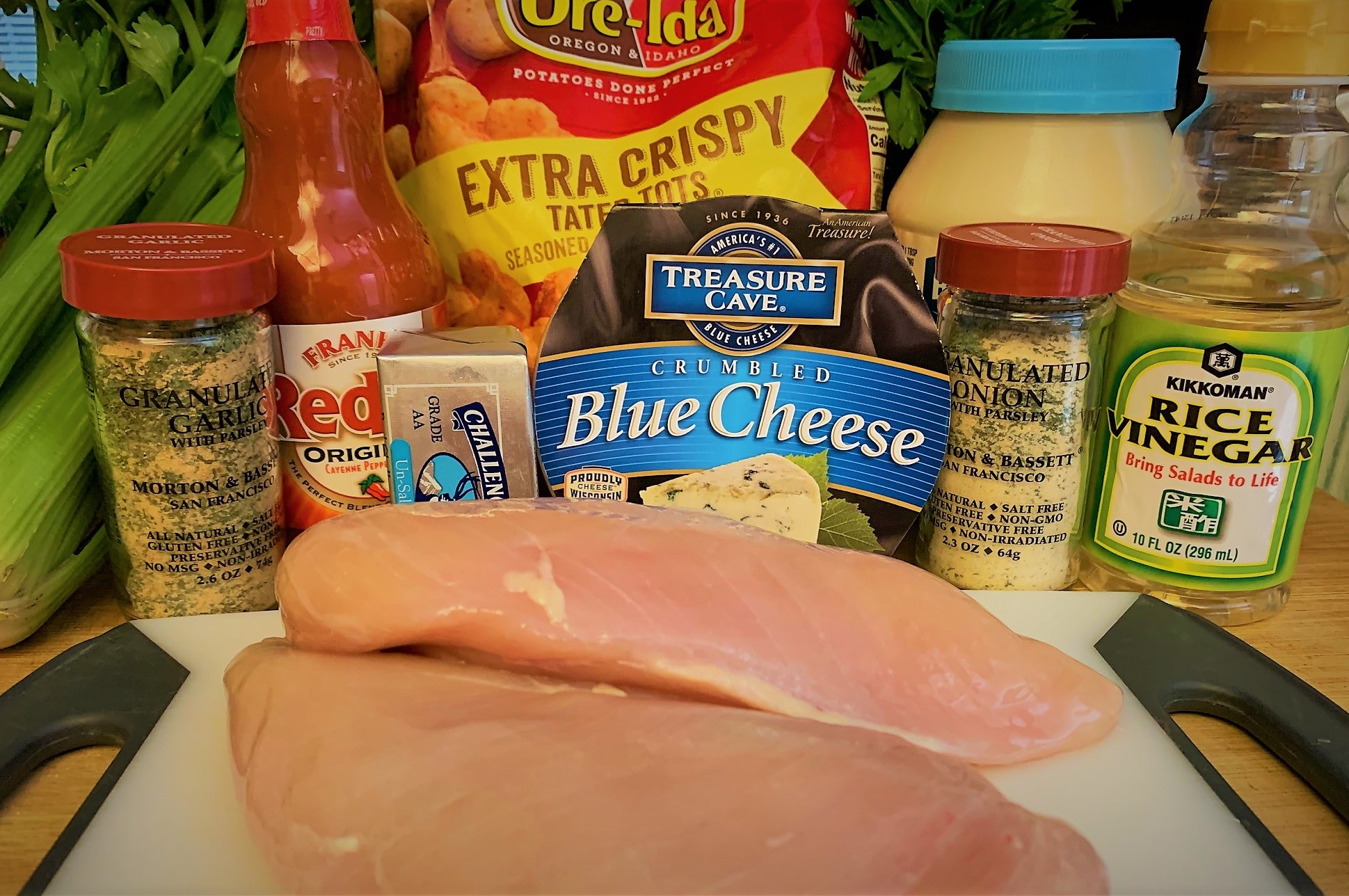 The Ingredients for our Loaded Buffalo Chicken Tots from The Friars Nook