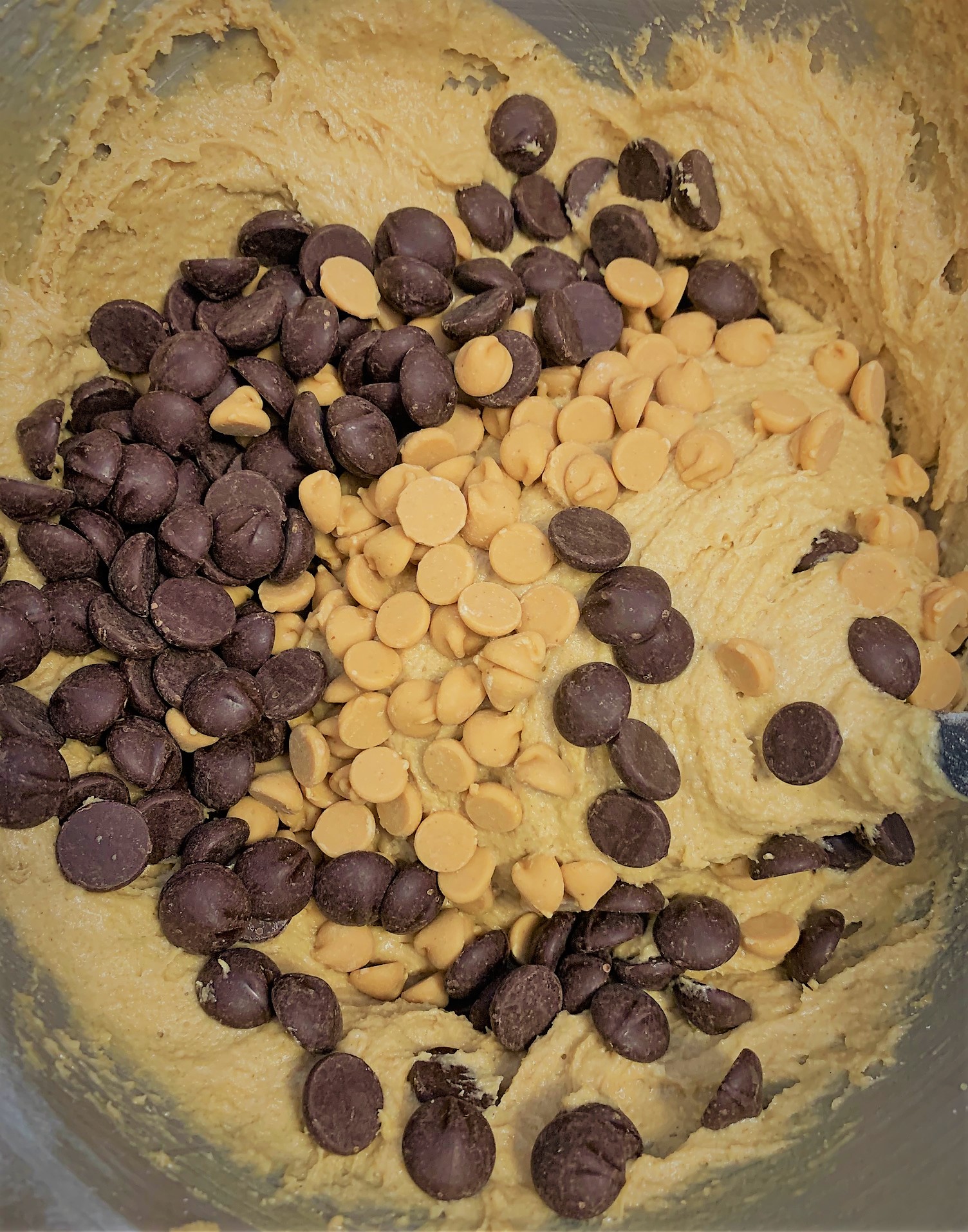 Peanut Butter and Chocolate Chips added to the Peanut Butter Cup Cake Bar Batter