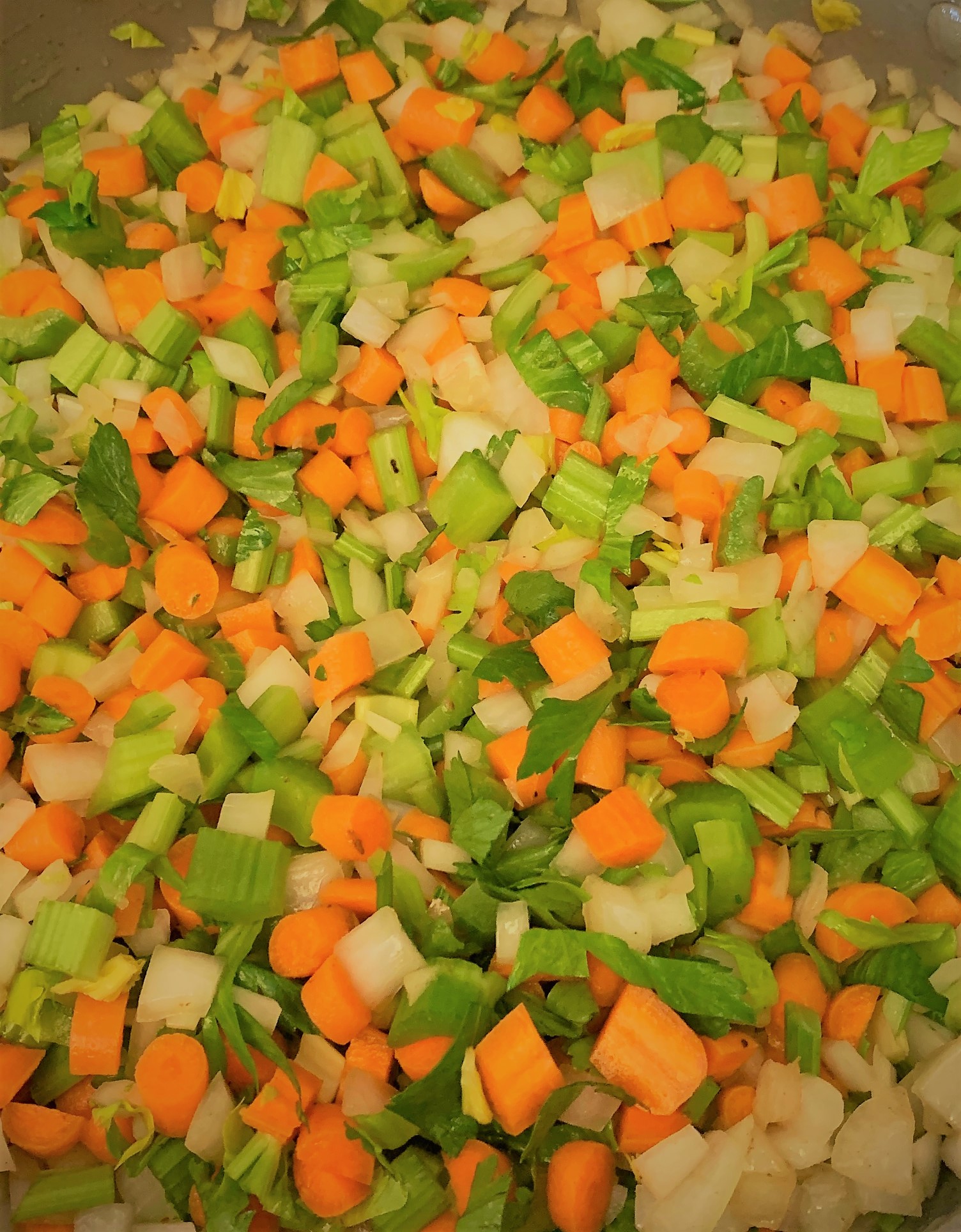 Carrots and Celery added to the pan with the Onions