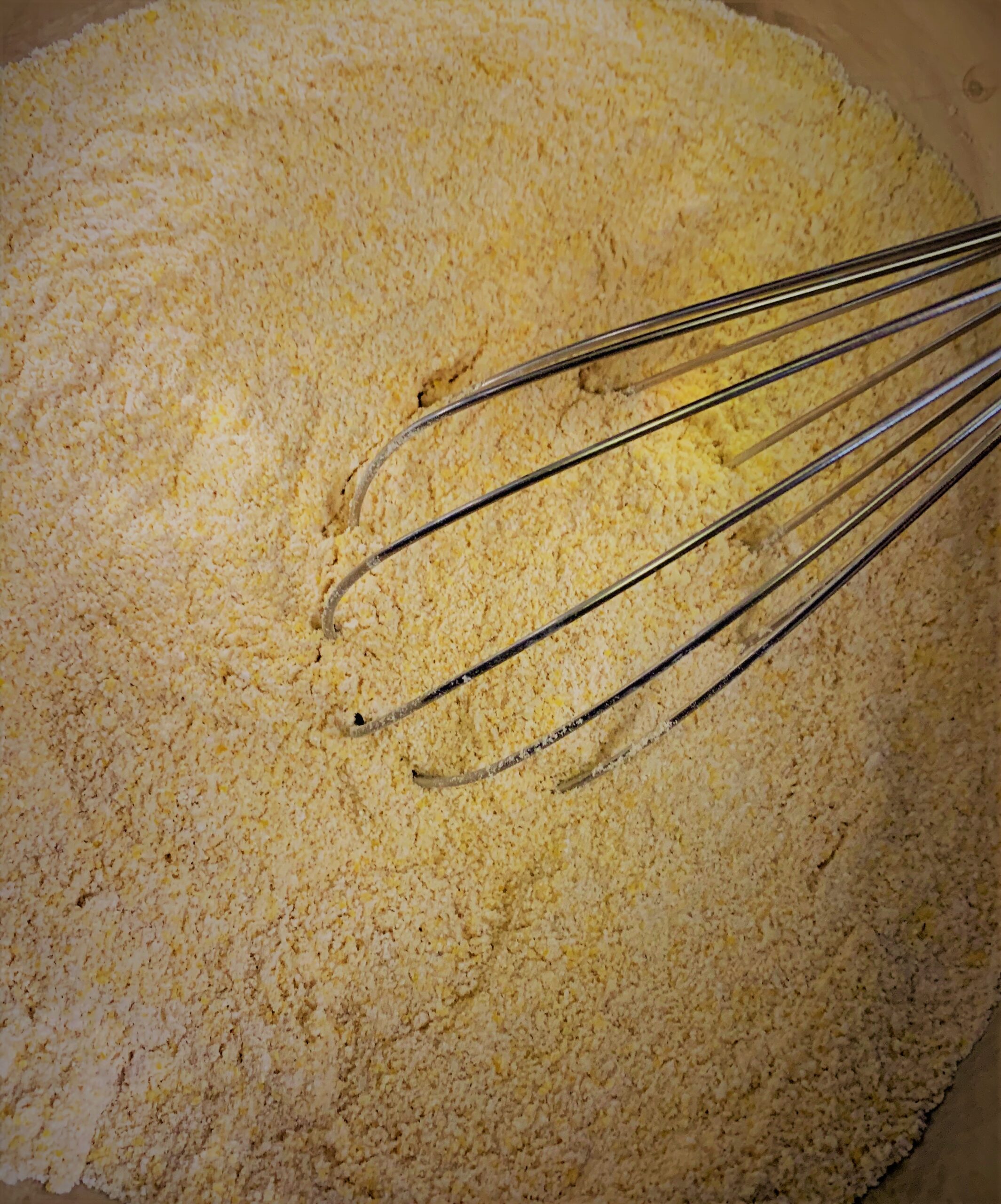 The combined dry ingredients for our Cornbread Recipe From The Hoop Dee Doo Revue