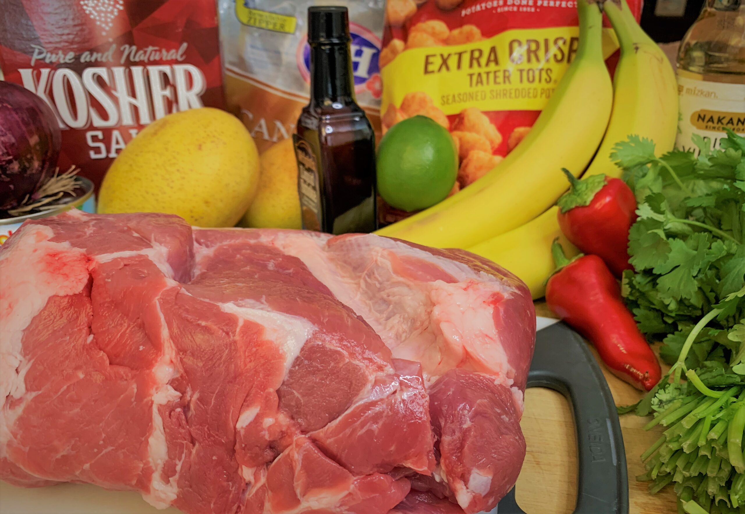 The ingredients for our Kalua-Style Pulled Pork Tots with Polynesian BBQ Sauce & Mango Salsa