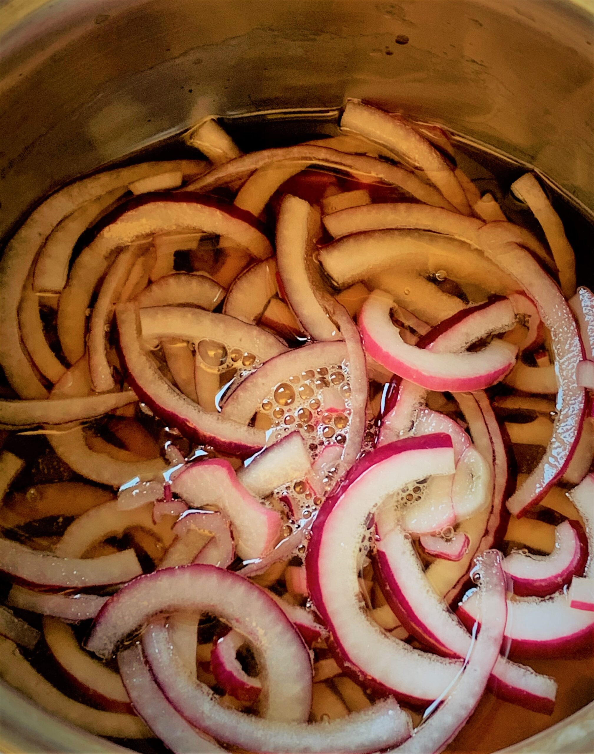 Red Onion Slices added to our pickling liquid - Kalua-Style Pulled Pork Tots with Polynesian BBQ Sauce & Mango Salsa