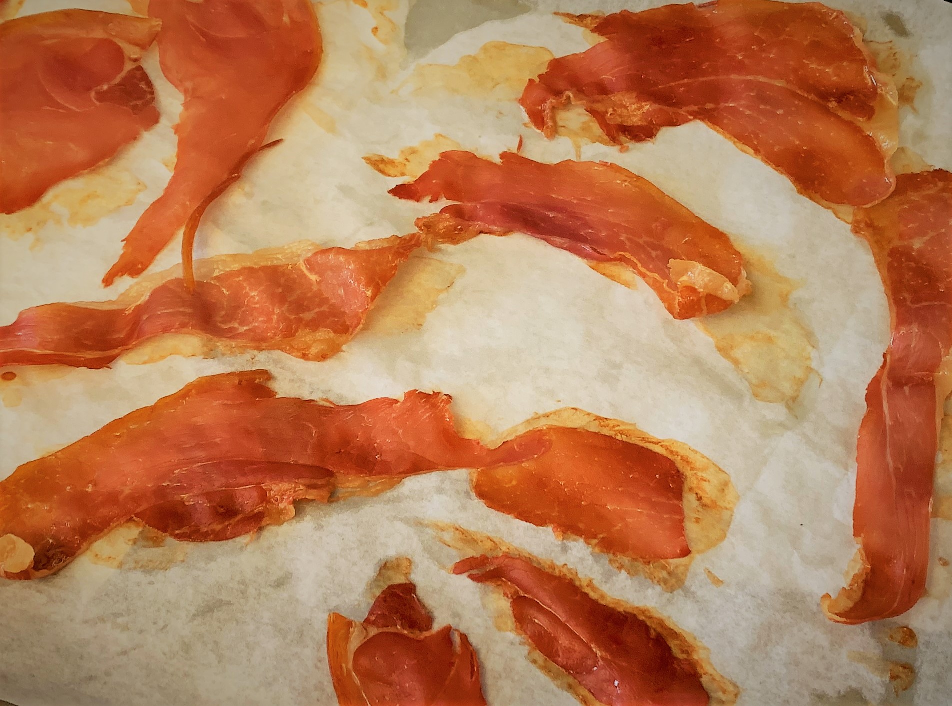 The Crispy Prosciutto for our Pancetta Seared Scallops with Crispy Prosciutto & Minted Pea Puree