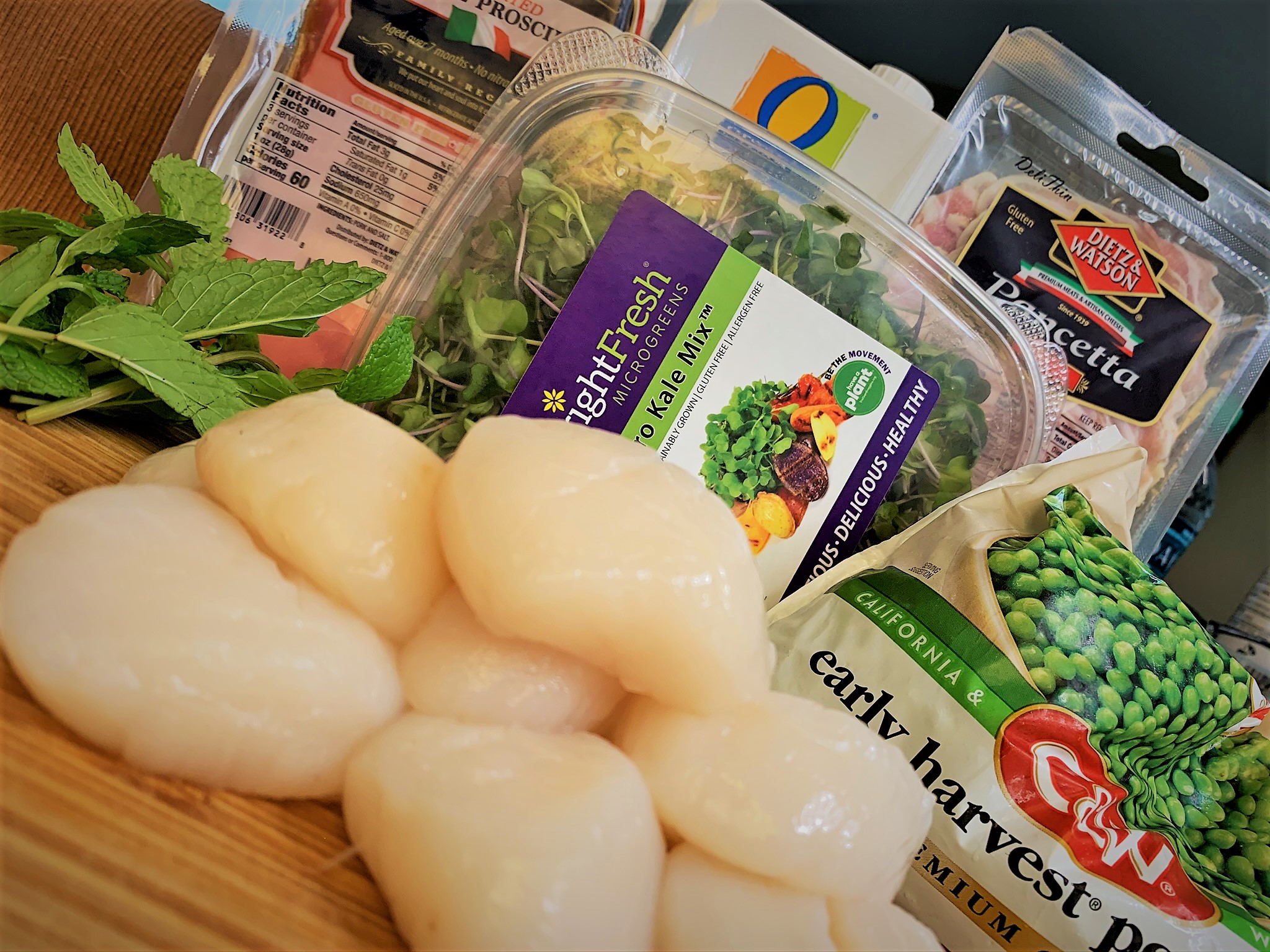 The ingredients for our Pancetta Seared Scallops with Crispy Prosciutto and Minted Pea Puree