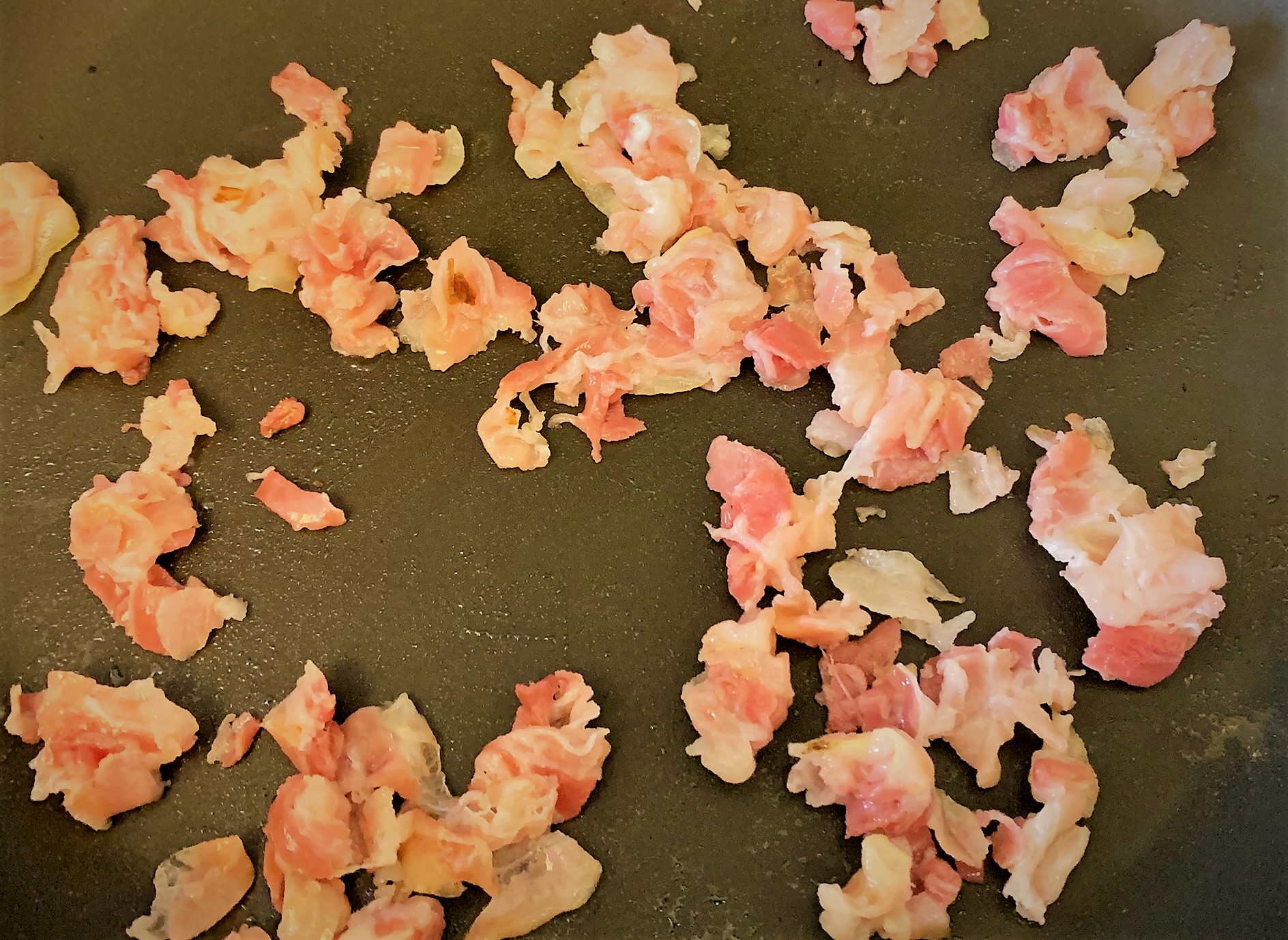 Rendering the Diced Pancetta for our Pancetta Seared Scallops with Crispy Prosciutto & Minted Pea Puree