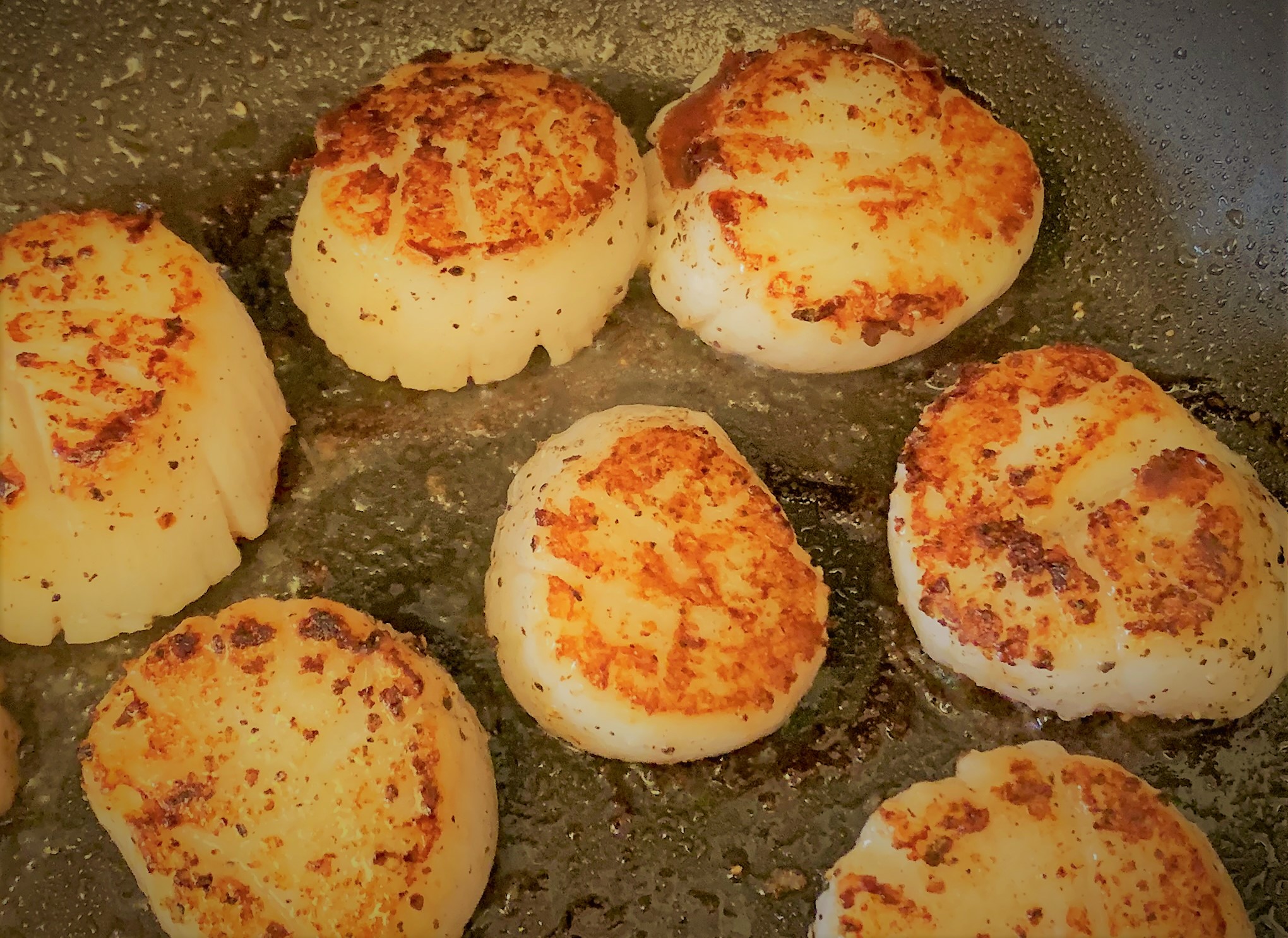 The Seared Scallops for our Pancetta Seared Scallops with Crispy Prosciutto & Minted Pea Puree