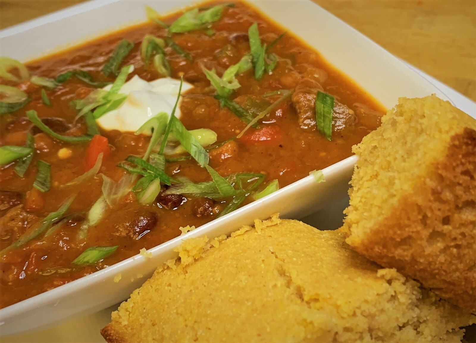 Our plated Pumpkin Chili Recipe with the famous Corn Bread from the Hoop Dee Doo Review