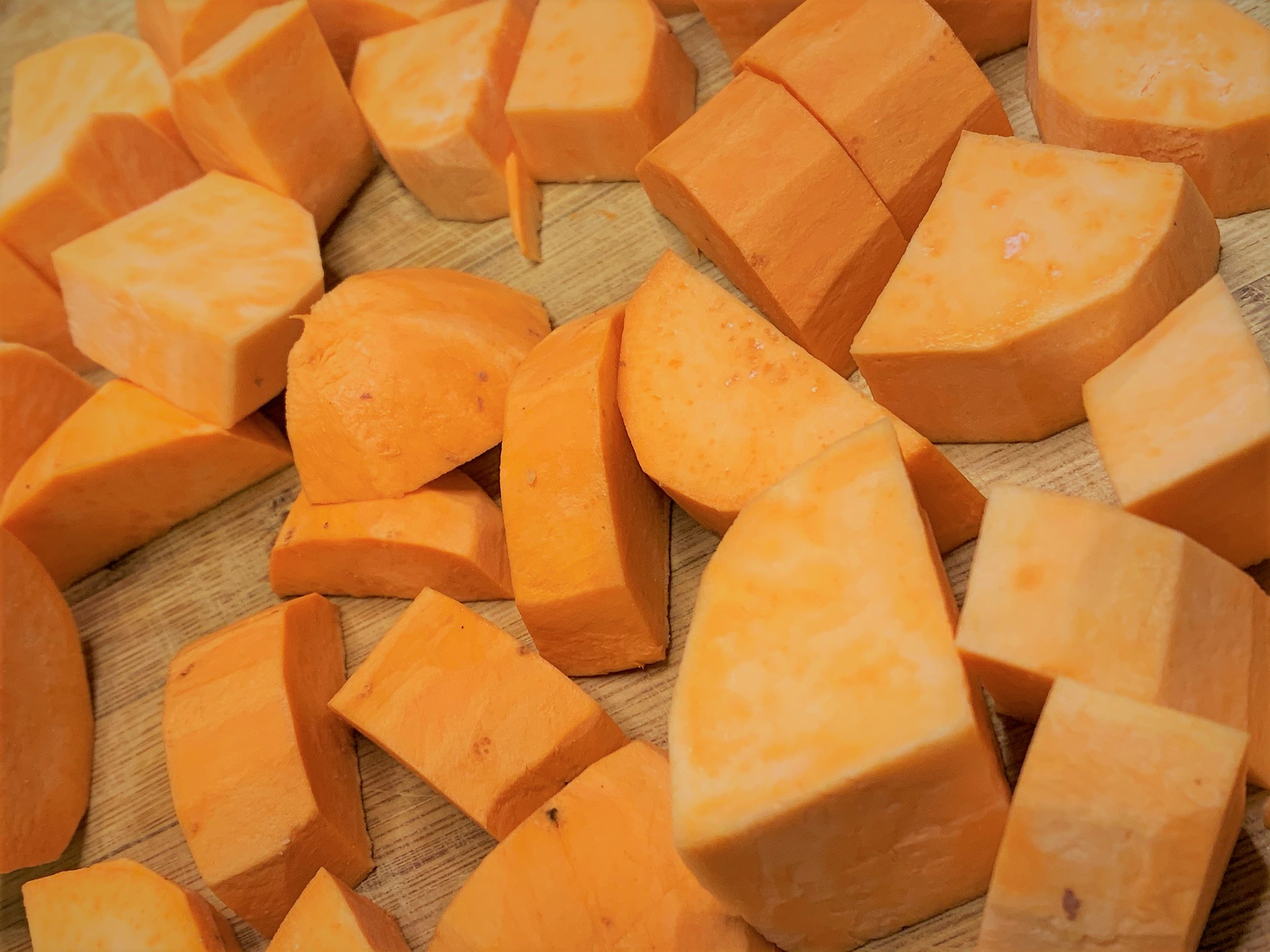 The cut Yams for our Roasted Fall Vegetable Medley