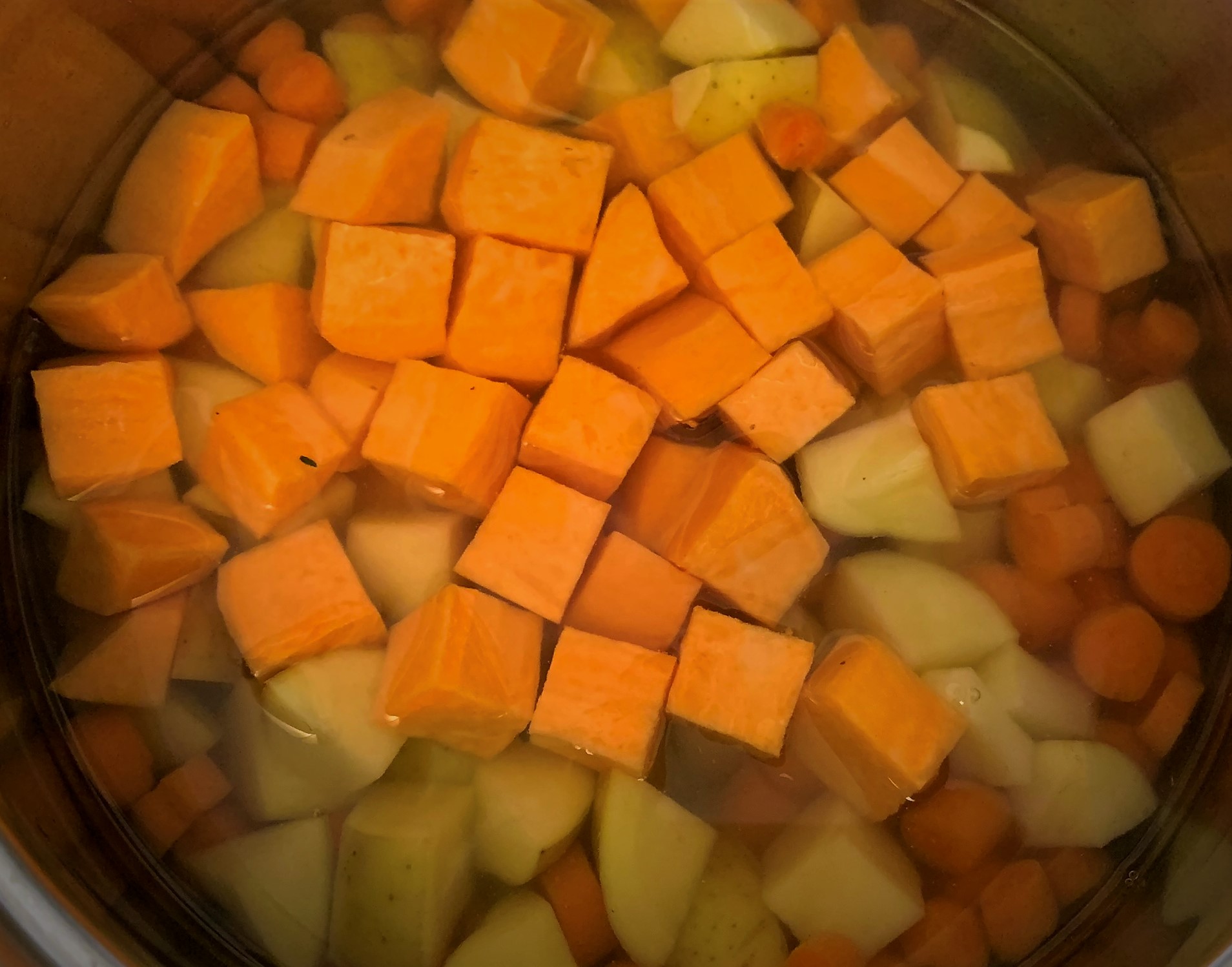 Blanching the Root Vegetables for our Guinness Braised Short Rib Pot Pie