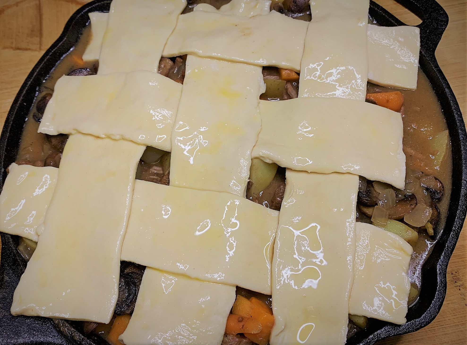 Our fully assembled and ready for the oven Guinness Braised Short Rib Pot Pie