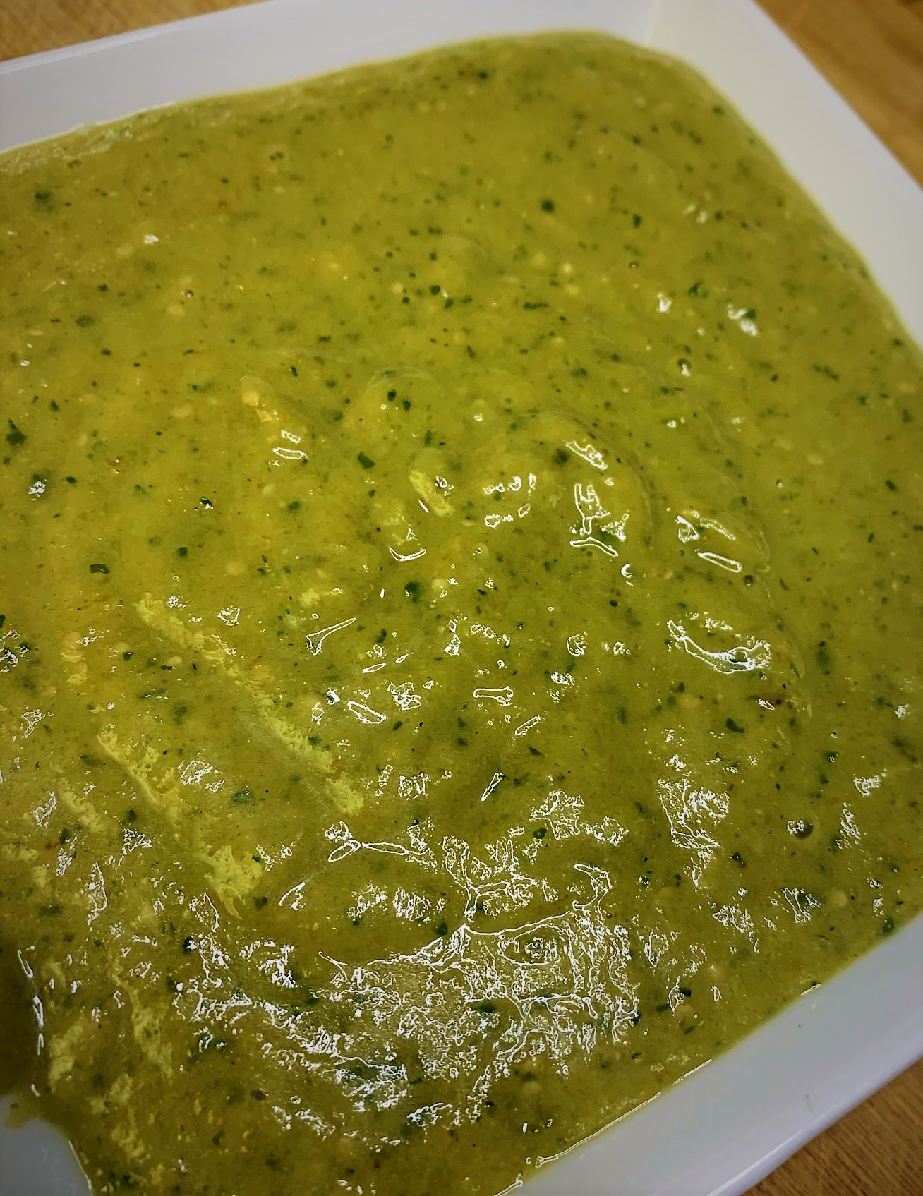 The completed Salsa Verde for our Tostada de Chorizo from Las Posadas Holiday Kitchen