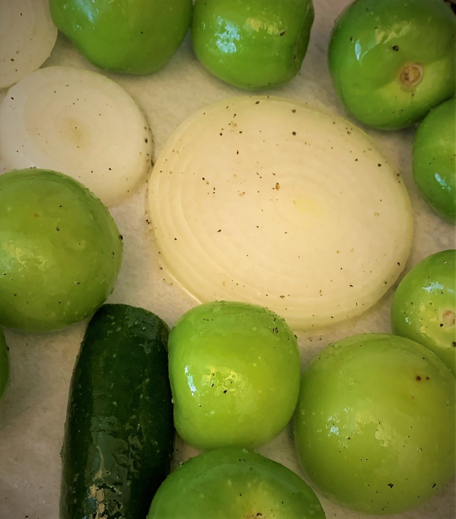 Our prepared Tomatillos, Onions and Jalapenos ready for roasting