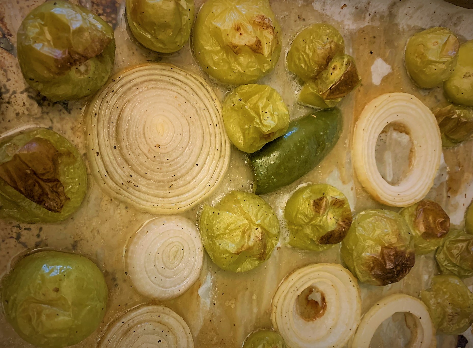 The fully roasted Salsa Verde Ingredients for our Tostada de Chorizo from Las Posadas Holiday Kitchen