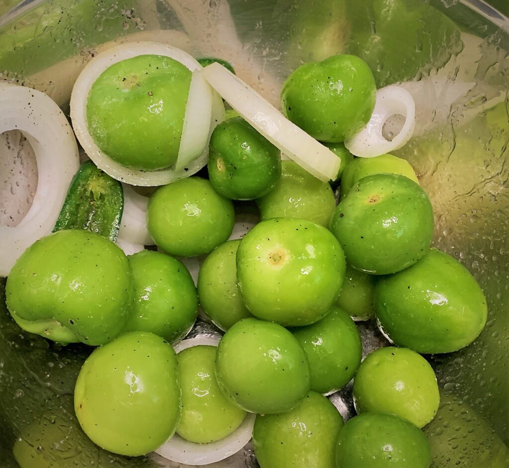 The prepared Salsa Verde ingredients ready for roasting - Tostada de Chorizo from Las Posadas Holiday Kitchen