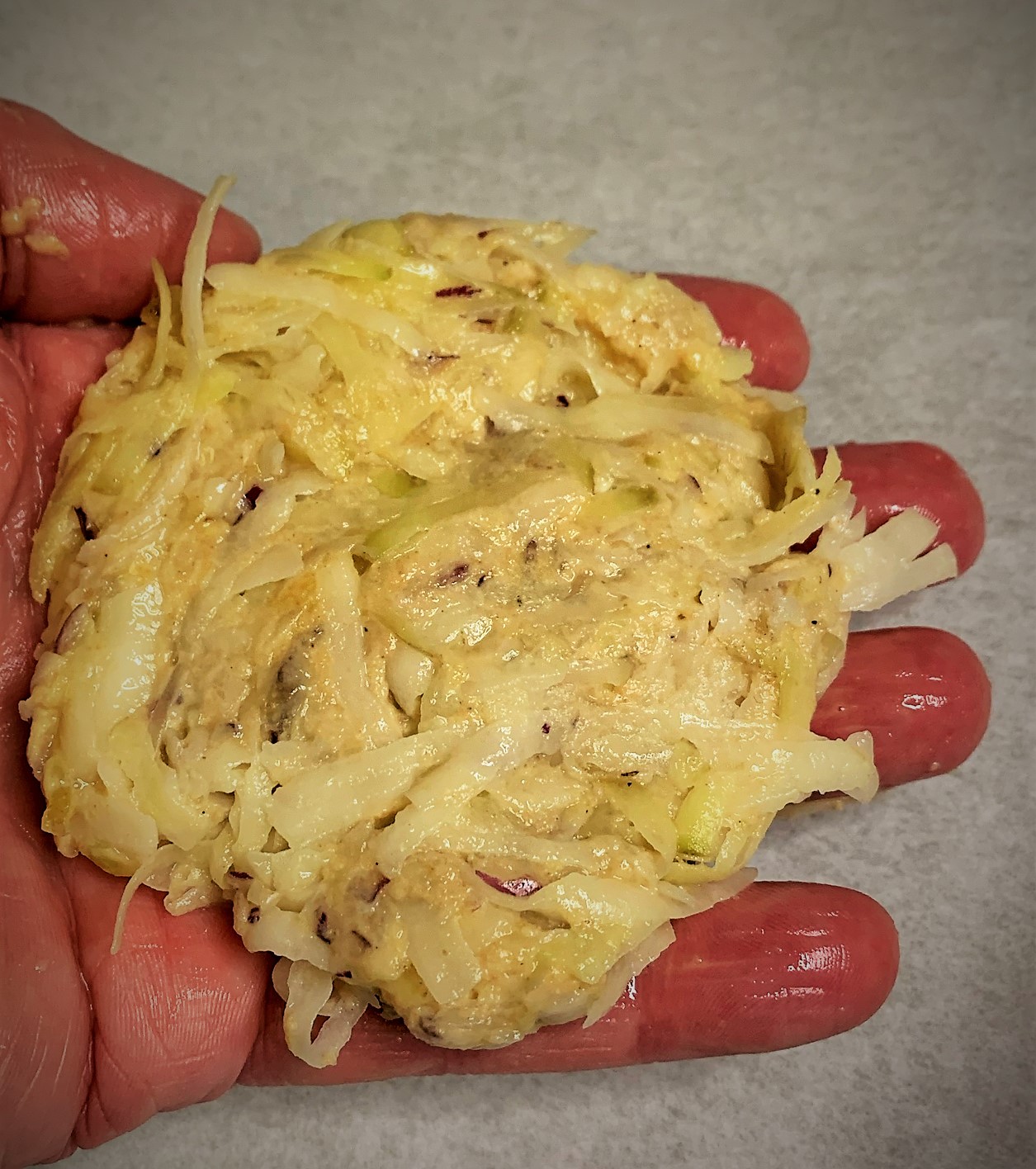 Our hand-formed Potato Latke ready for frying - Smoked Salmon Potato Latkes