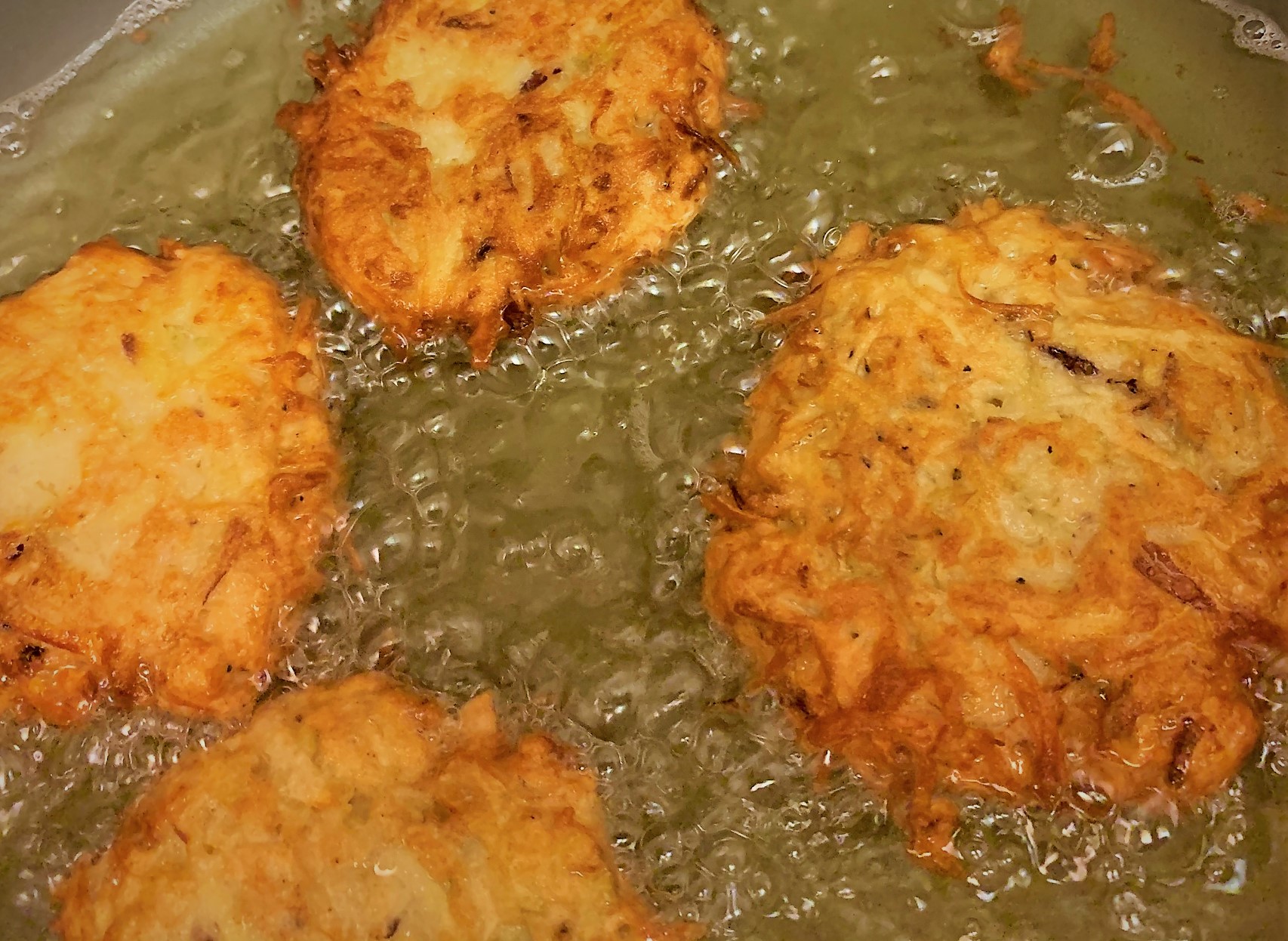 Frying the Latkes for our Smoked Salmon Potato Latkes