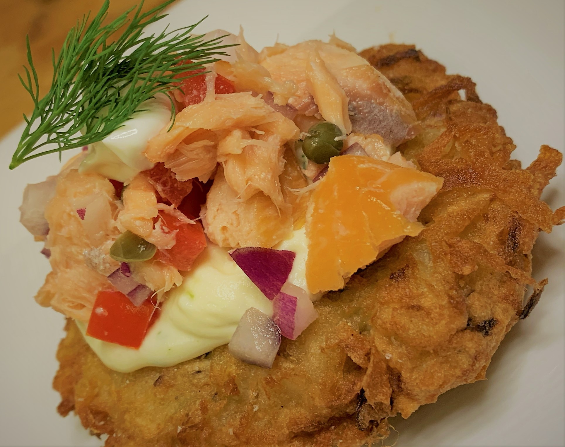 Our plated Smoked Salmon Potato Latke - Smoked Salmon Potato Latkes