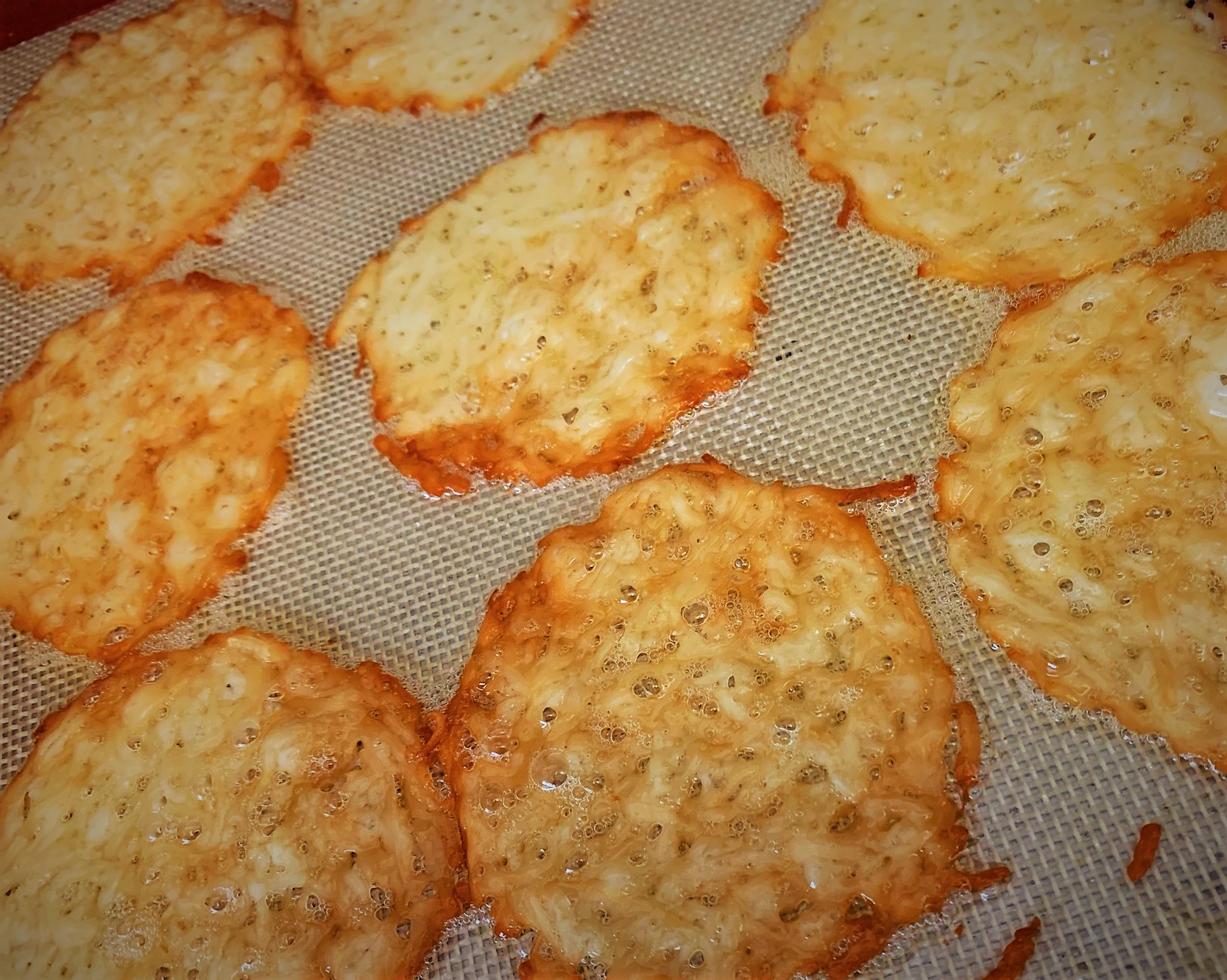 Our fully cooked Parmesan Crisps for our Seared Scallops with Chorizo and Red Pepper Coulis