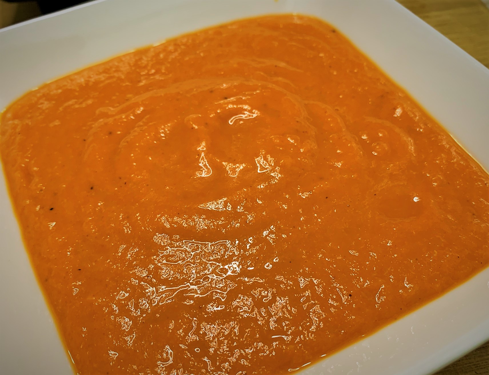 The completed Red Pepper Coulis for our Seared Scallops with Chorizo and Red Pepper Coulis