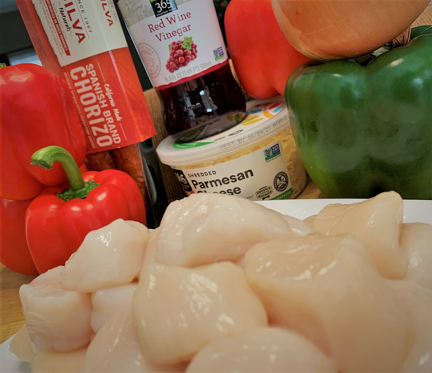 The ingredients for our Seared Scallops with Chorizo and Red Pepper Coulis