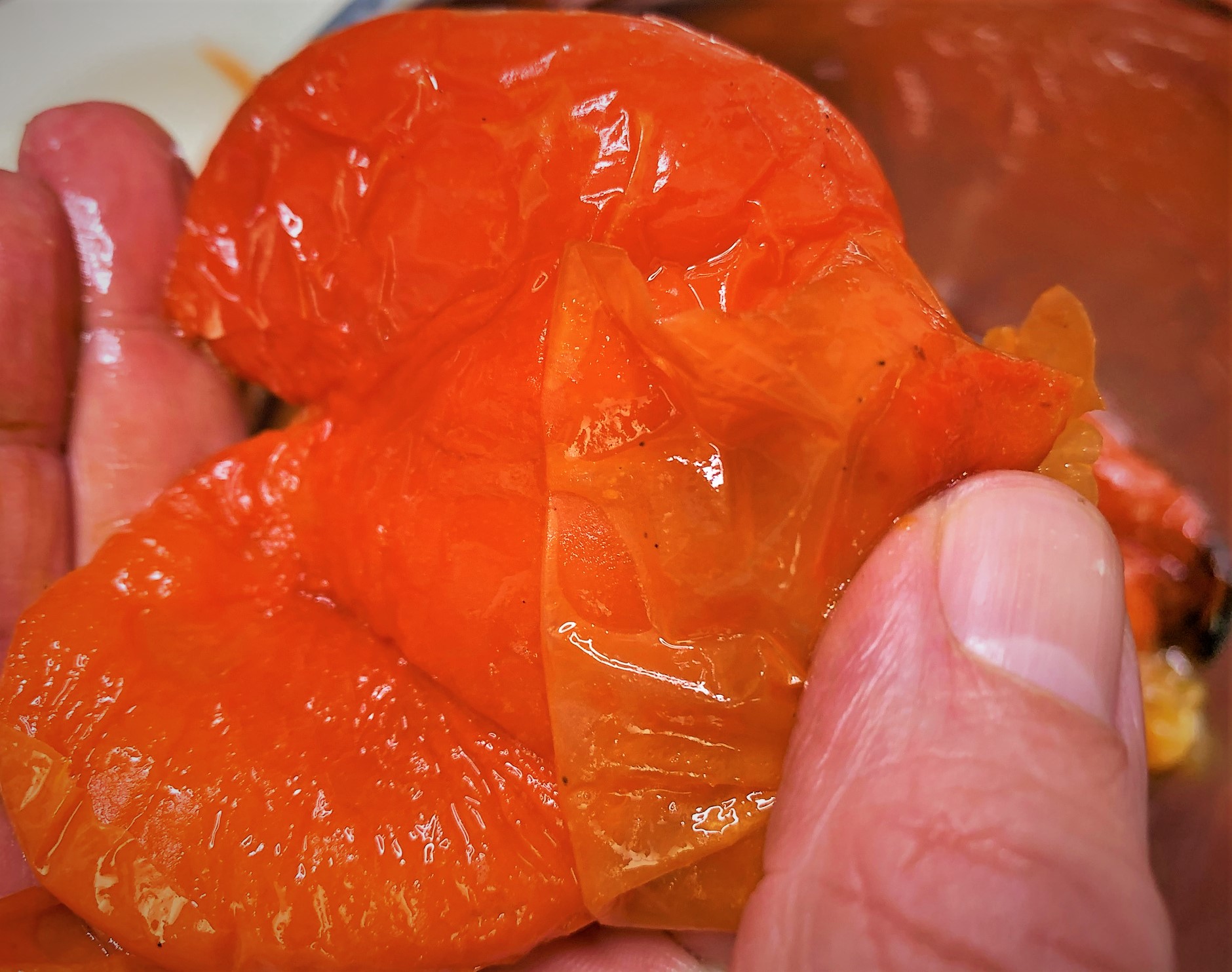 Peeling the Roasted Red Bell Peppers for our Red Pepper Coulis - Seared Scallops with Chorizo and Red Pepper Coulis