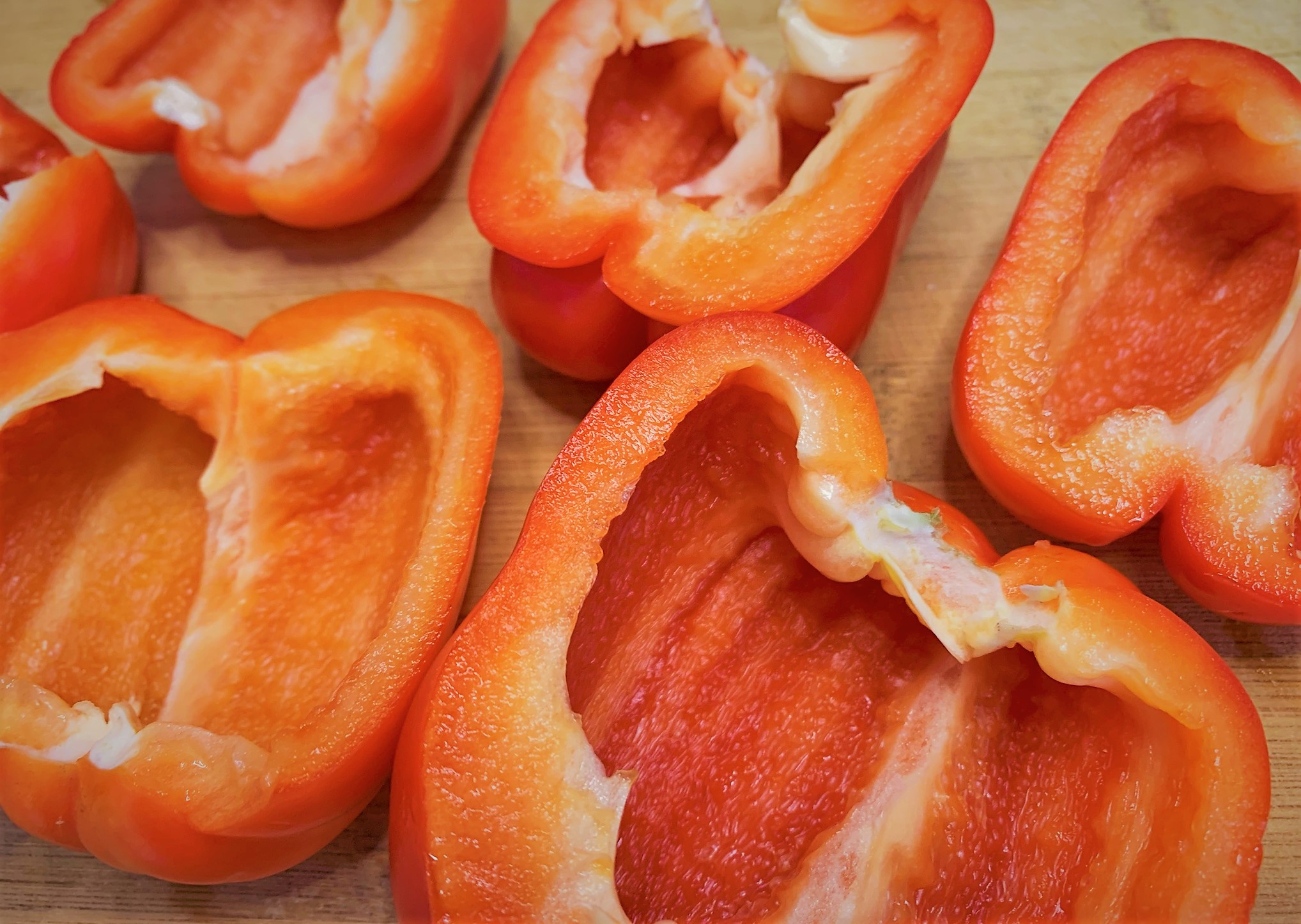 The split Red Peppers for our Seared Scallops with Chorizo and Red Pepper Coulis