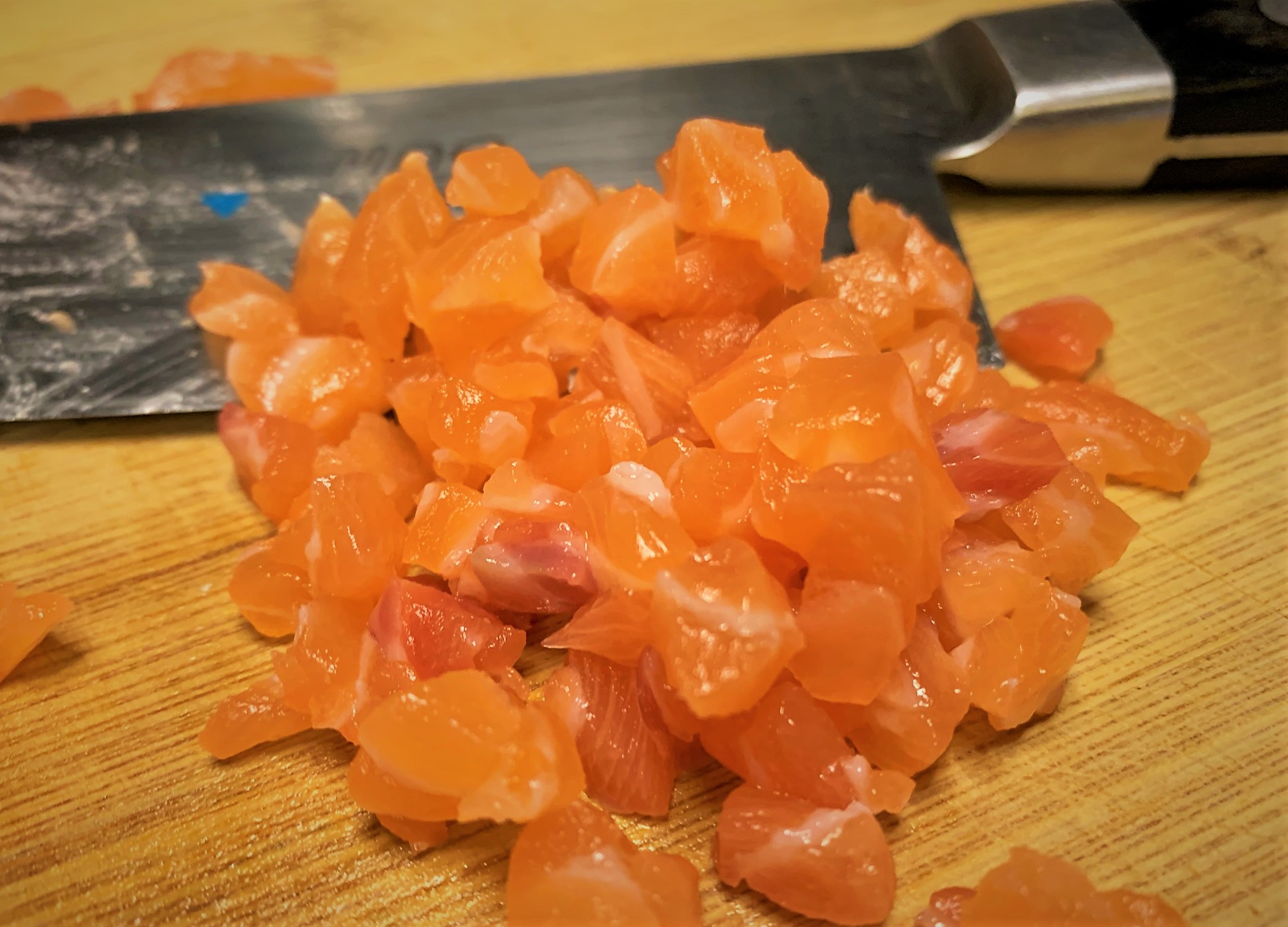 The cubed Salmon for our Tartare - Potato Cheddar Biscuits with Salmon Tartare