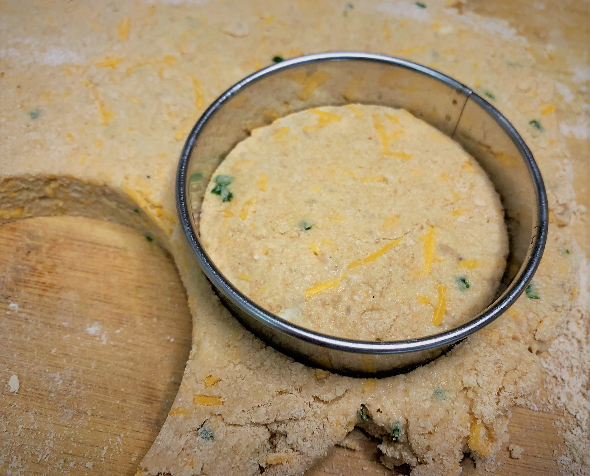 Cutting the Biscuits for our Potato Cheddar Biscuits with Salmon Tartare