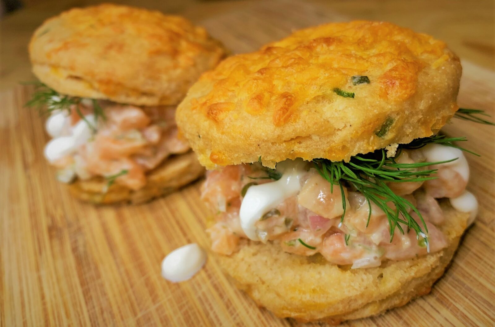 Our completed Potato Cheddar Biscuits with Salmon Tartare