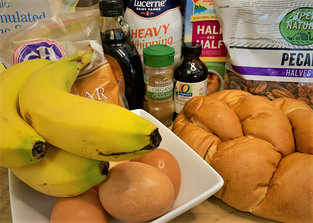 The ingredients for our Boma French Toast Bread Pudding with Pecan Praline Sauce Recipe