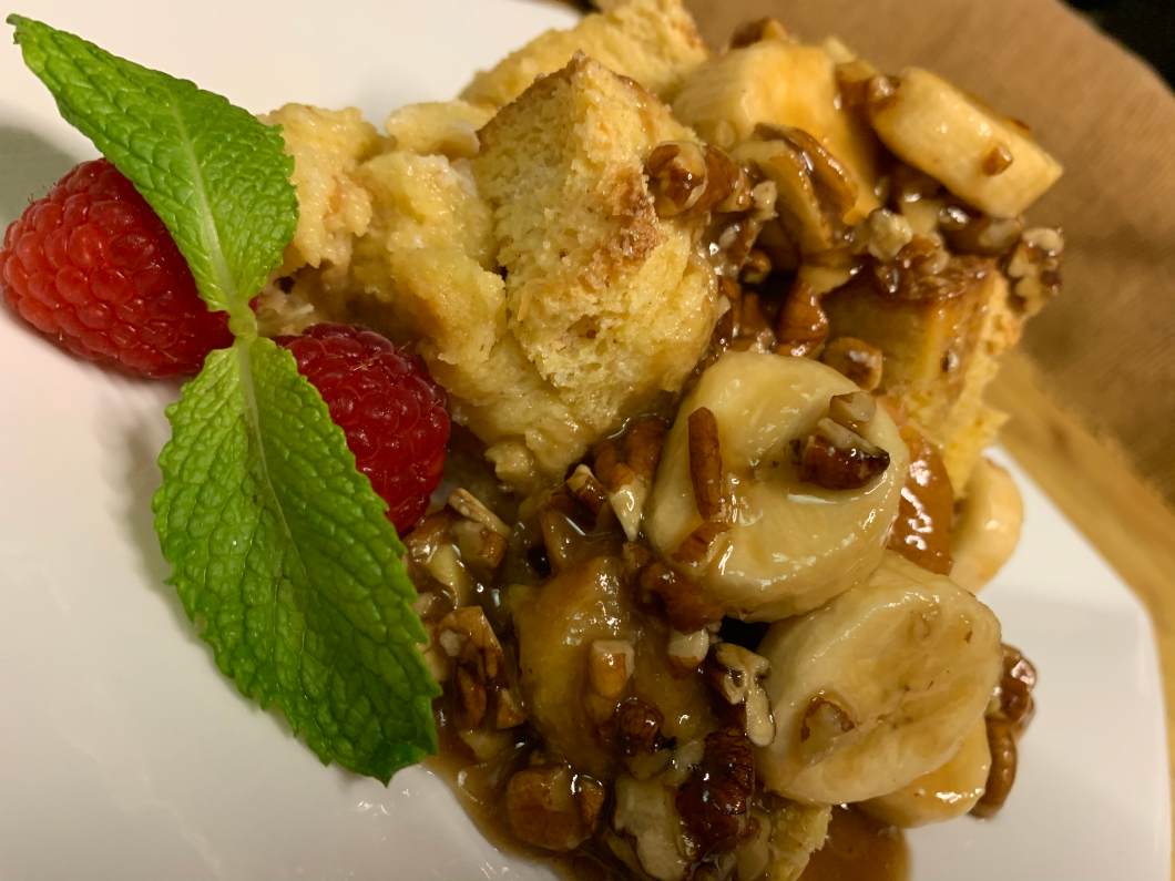 Our completed Boma French Toast Bread Pudding with Pecan Praline Sauce Recipe