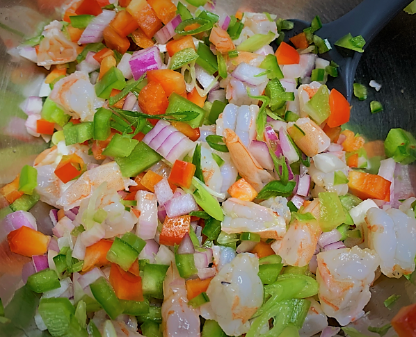 First Ceviche ingredients combined in a bowl - Shrimp Ceviche with Lime Mint Foam