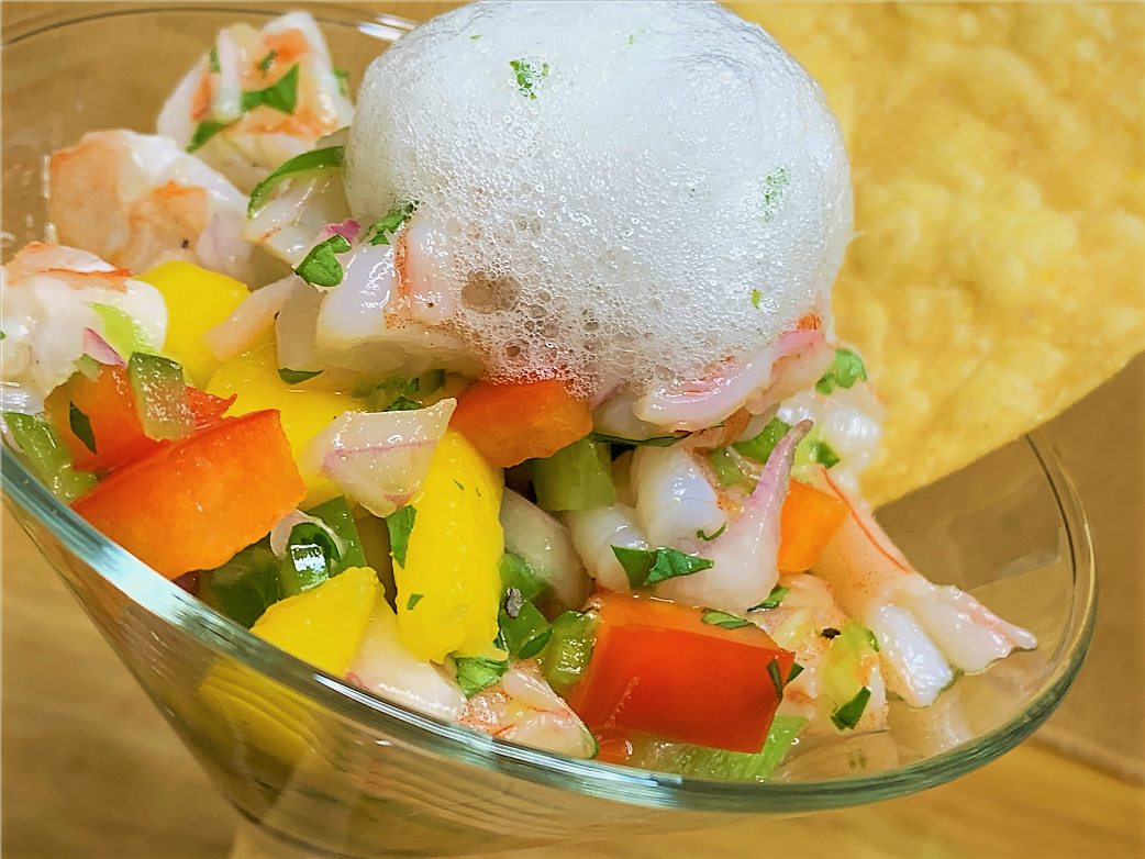 Our completed Shrimp Ceviche with Lime-Mint Foam