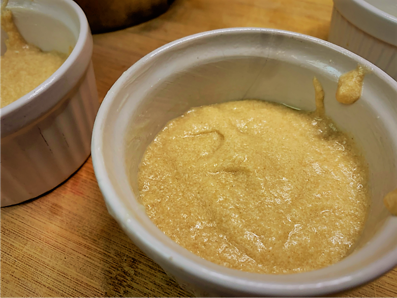 The Cake Batter added to our prepared ramekins - Warm Berry Buckle Recipe