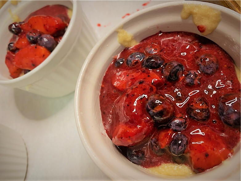 Berry Compote added to the ramekins for our Warm Berry Buckle Recipe