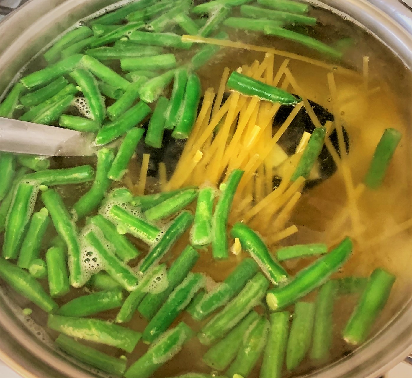 The Pasta, Green Beans and Potatoes added to our boiling water for cooking