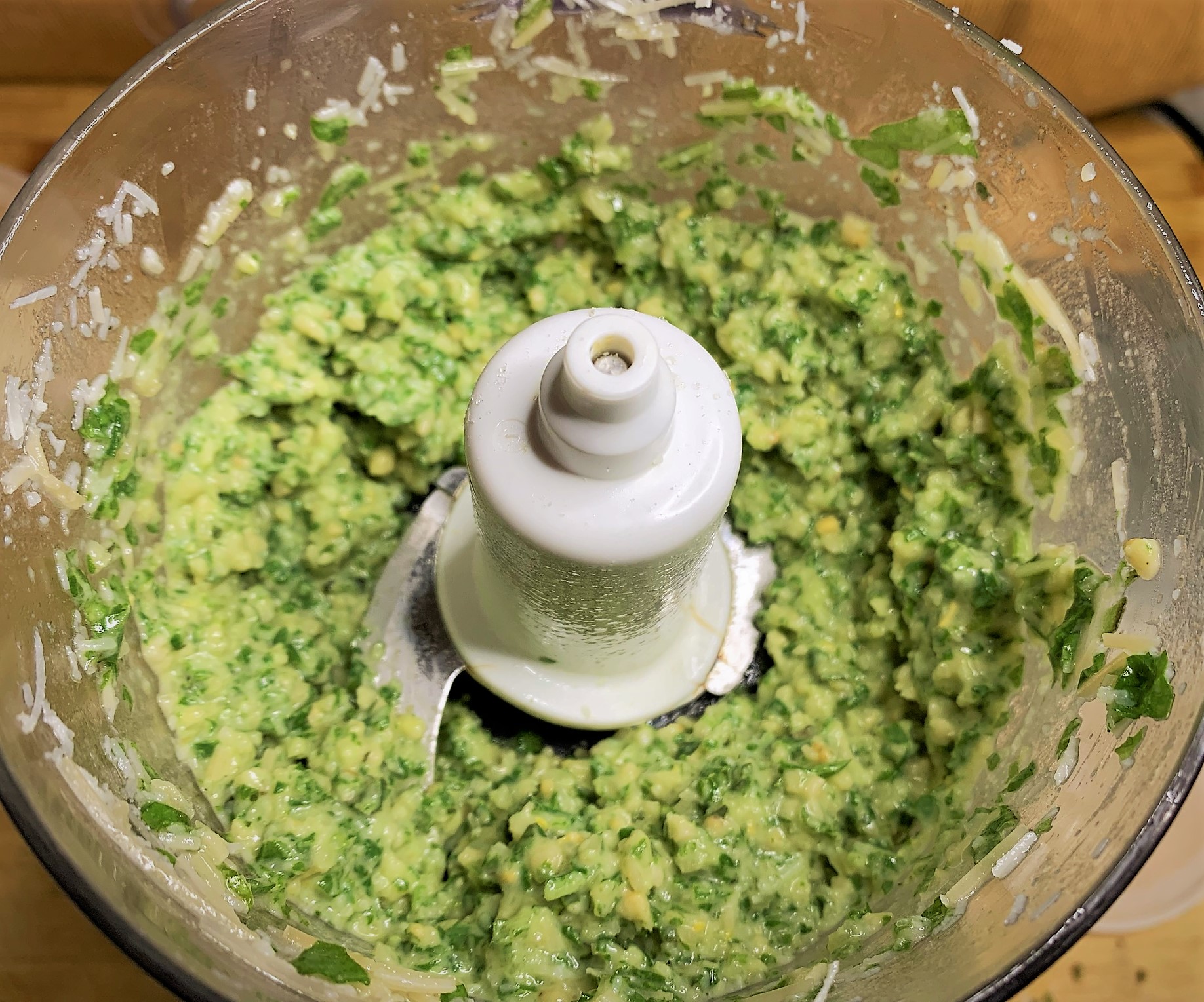 Our Pesto Ingredients after the initial pulsing in the Food Processor