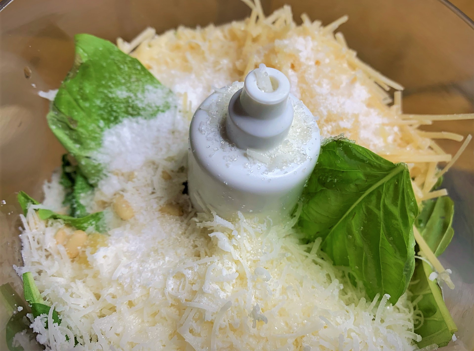 The Pesto Ingredients added to a Food Processor