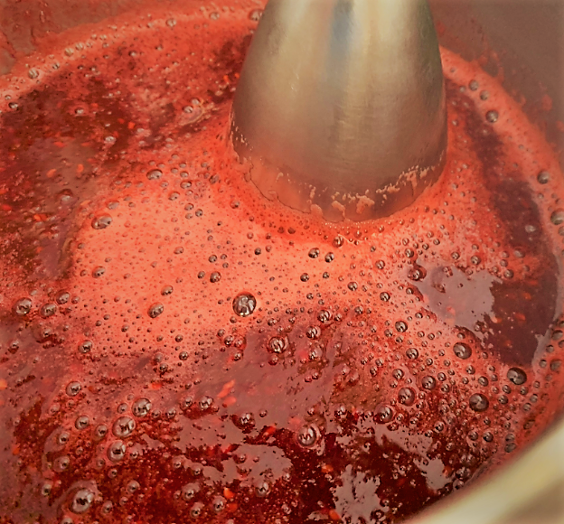 Blending the Raspberry Purée for our Disney Dishes Piña Colava Recipe