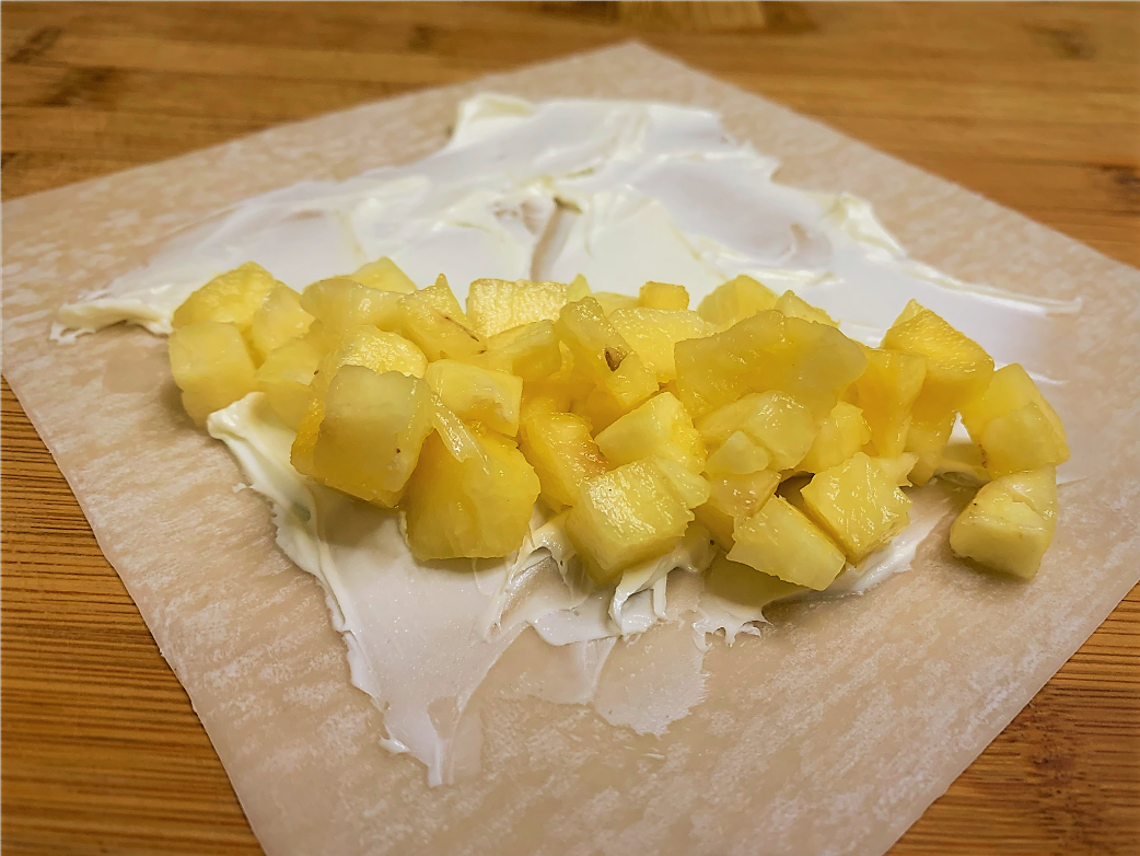 Adding the Diced Fresh Pineapple to the Spring Roll Wrapper