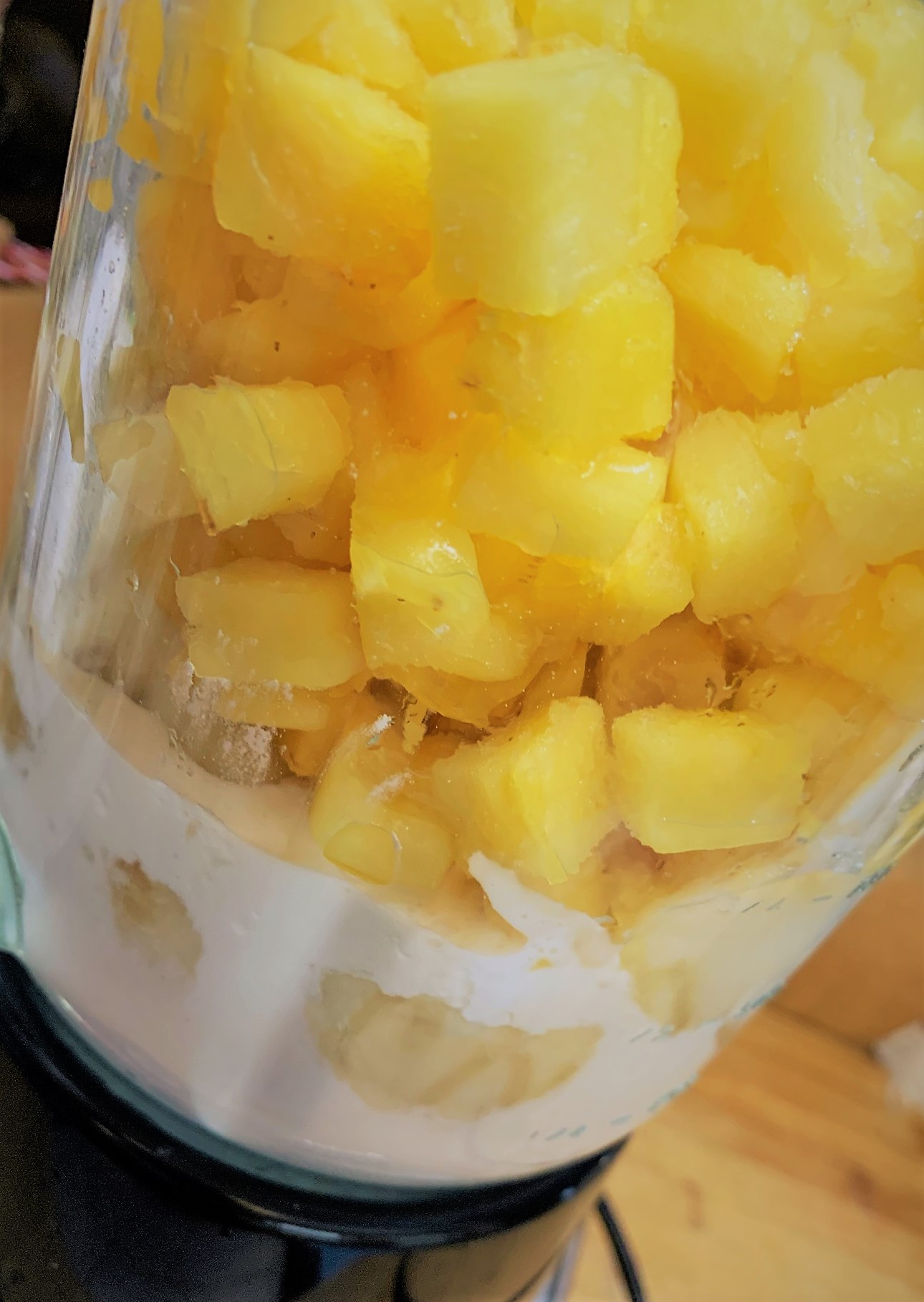 The ingredients for our Disney Dishes Dole Whip Recipe in the blender