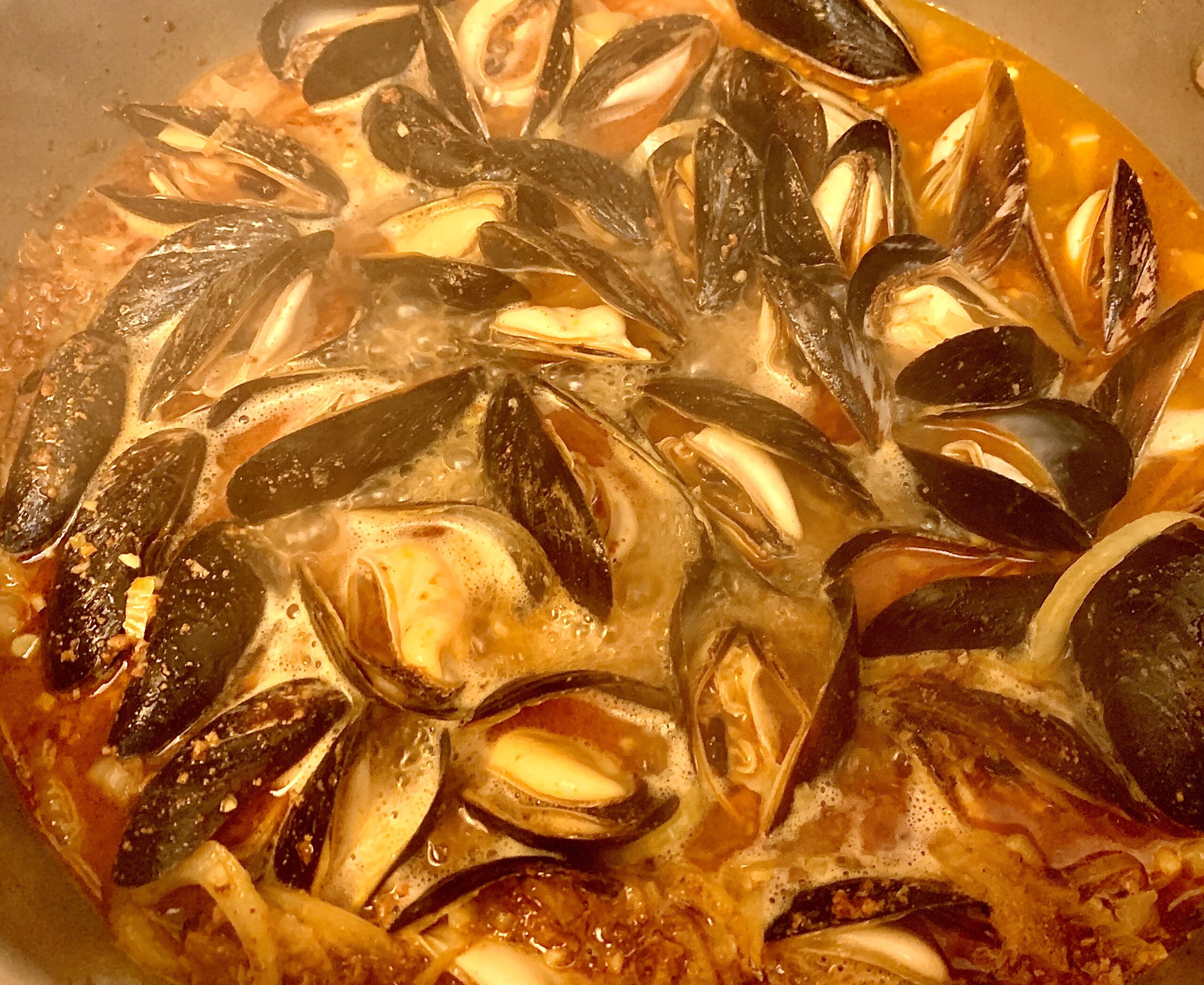 Fully cooked New York Cider Braised Mussels ready to be served