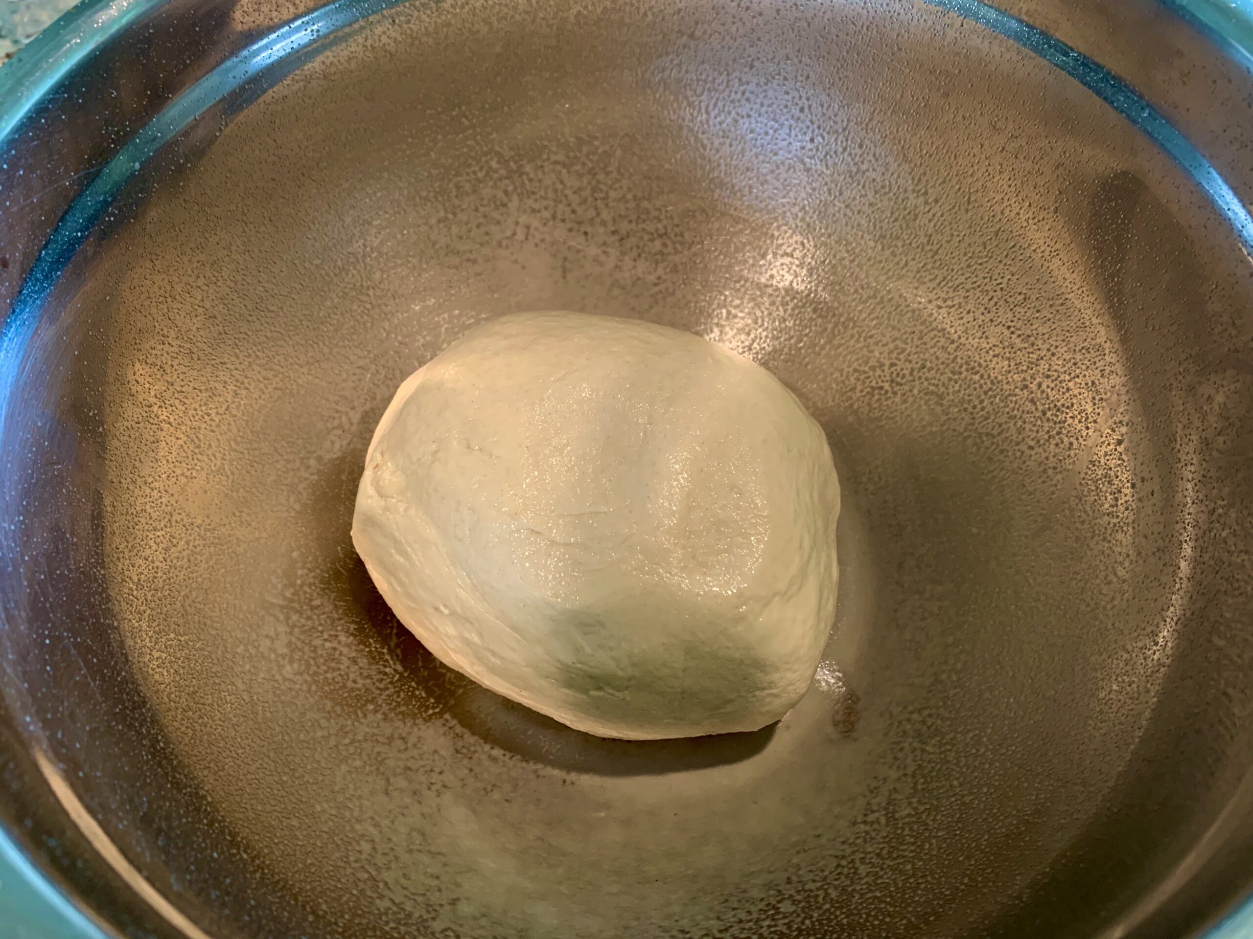 Our kneaded crust dough in a greased bowl and ready to let rise