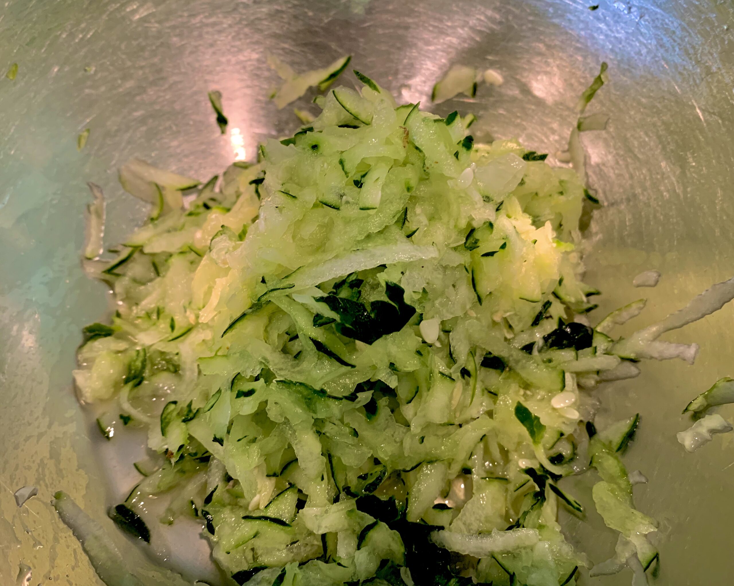 The grated cucumber ready for the tzatziki sauce - Cosmic (Plant) Power Flatbread