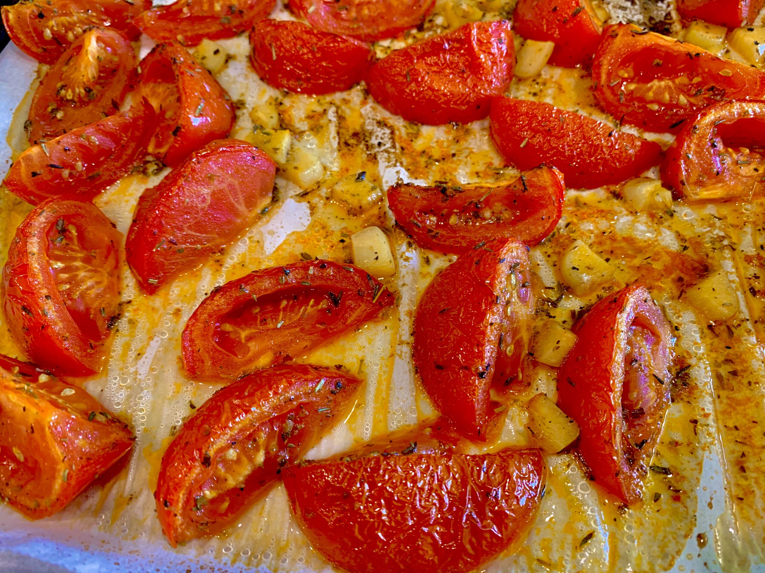 The roasted tomatoes and garlic for our Cosmic (Plant) Power Flatbread